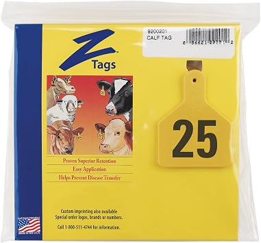 Z Tags 1-Piece Pre-Numbered Laser Print Tags for Calves, Numbers from 1 to 25, Yellow