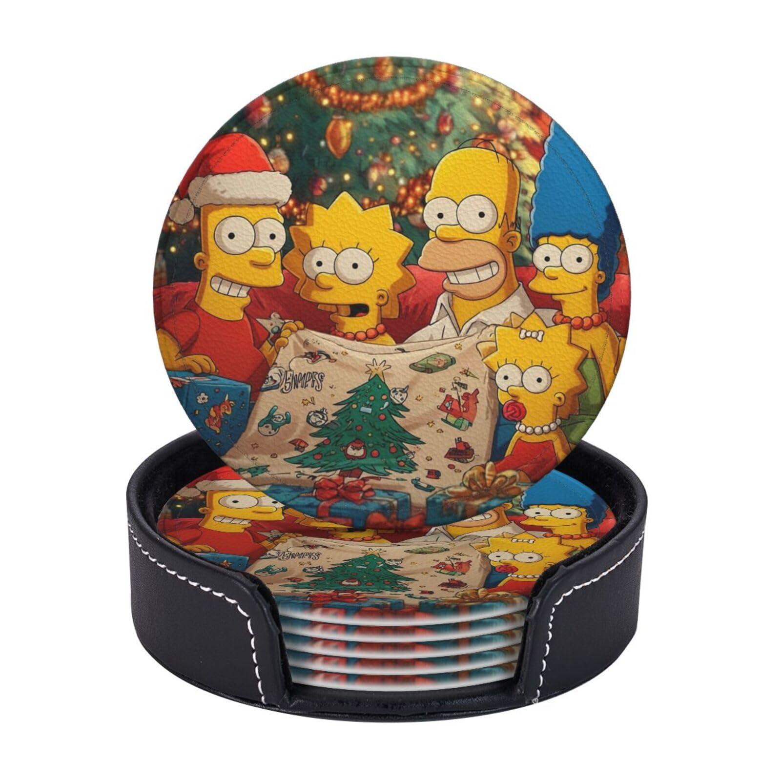 Coasters Set of 6 Leather Drink Coasters with Holder Simpsons Coasters for Drinks Heat Resistant Coaster Round Coffee Cup Mat Pad for Kitchen Office Home Decor