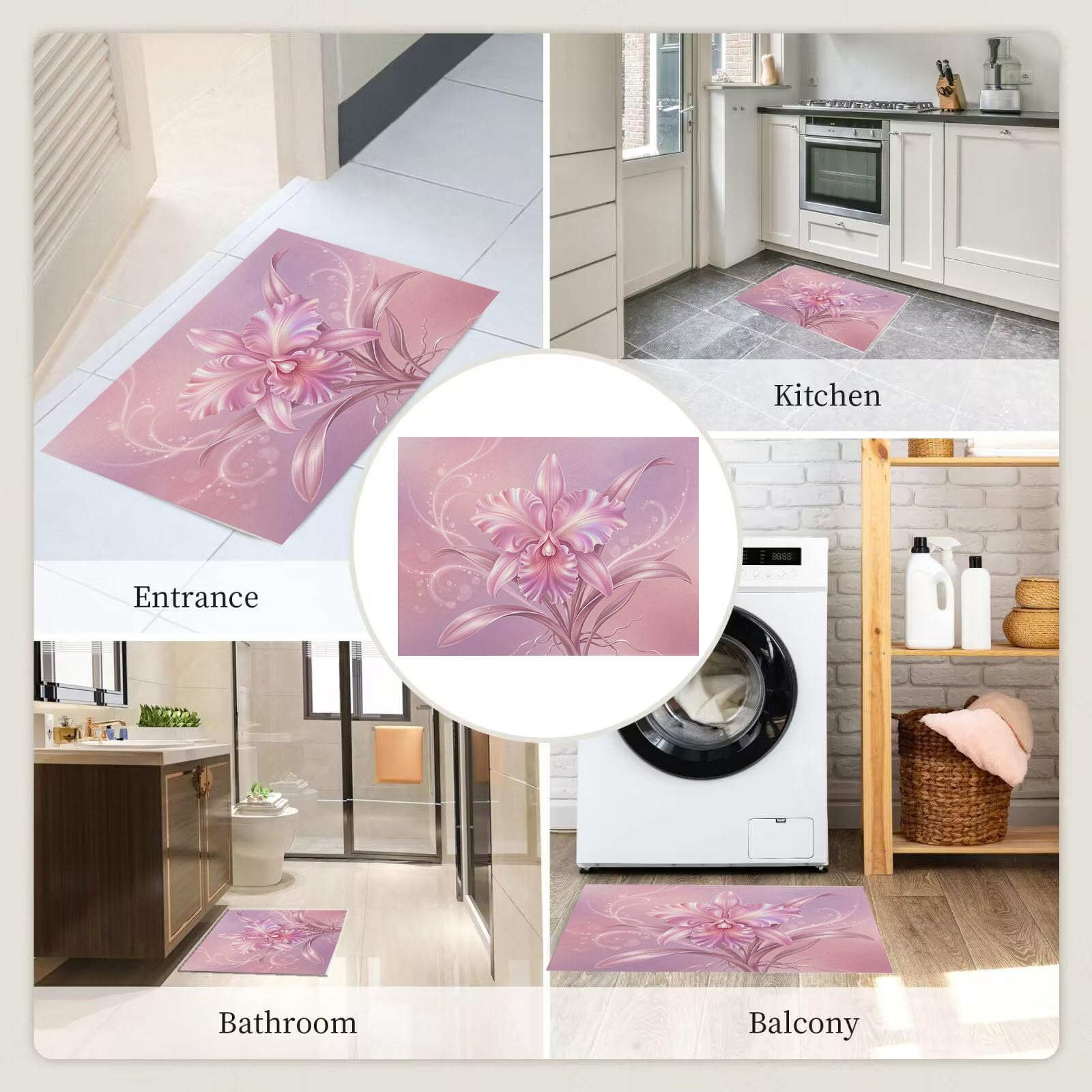 Zerbino Ingresso Interno Orchidea Phalaenopsis 3D Splendente, Zerbino Di Benvenuto Lavabile Morbida Fiori Romantici A Tinta Unita, Antiscivolo Tappeto Da Decorazioni Rosa Per Casa Porta, 60X90Cm