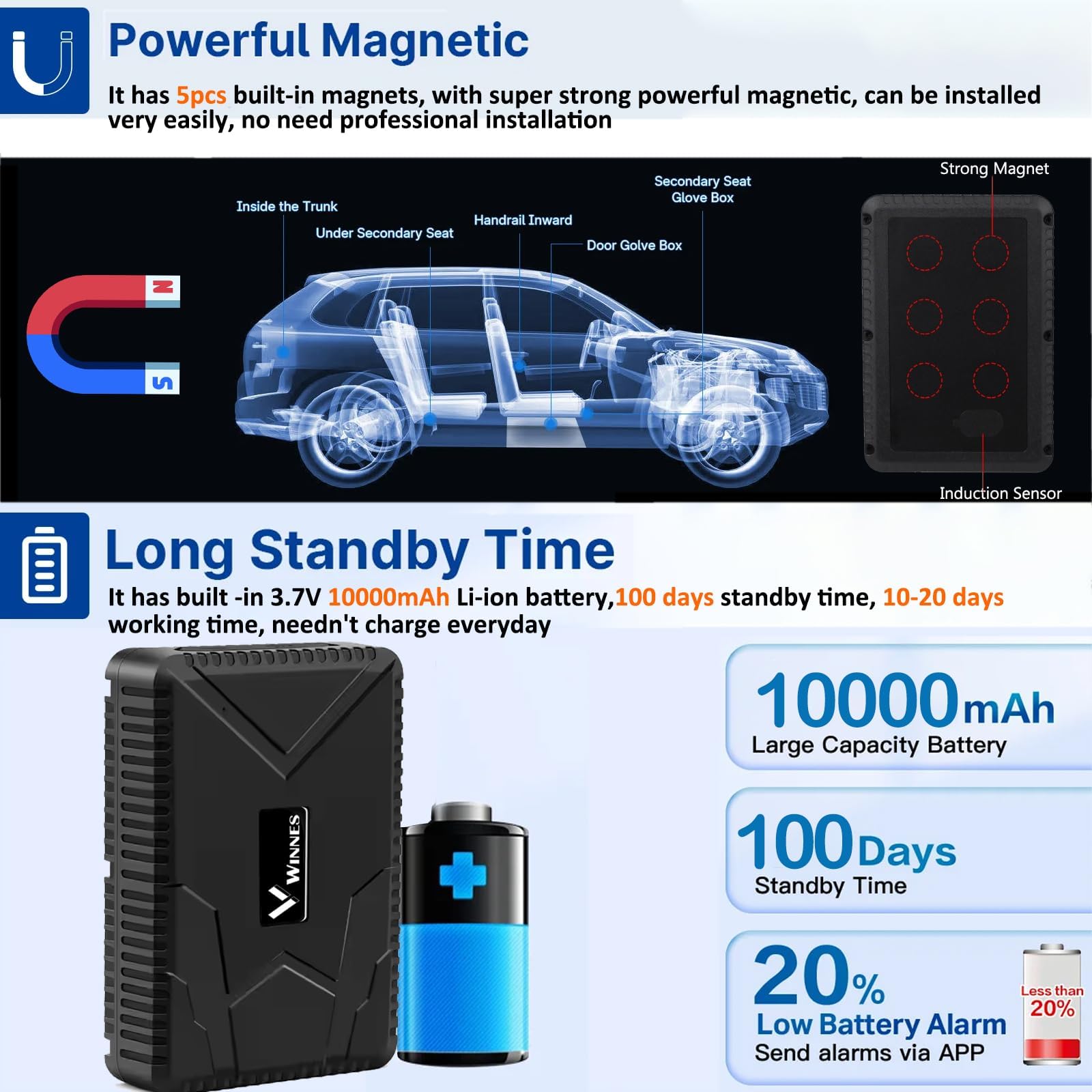 4G GPS Tracker per Auto Localizzatore GPS Locator con Magnete Forte IP65 10000mah Monitoraggio in Tempo Reale GPS per Auto/moto/camion Antifurto Satellitare Tracce storiche Geofencing APP Gratuita