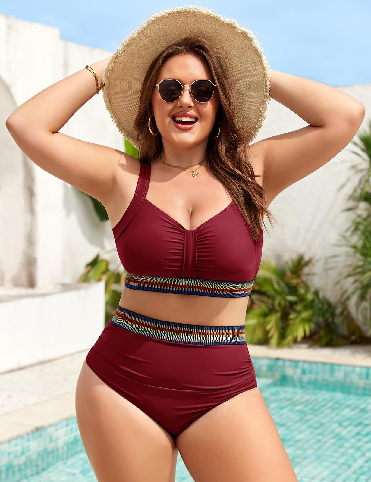 Conjunto de Bikini Mujer Talla Grande Cintura Alta con Diseño Cruzado en Pecho, Aro Extraíble, Tirantes Ajustables y Detalles de Cintas Coloridas, Control de Barriga