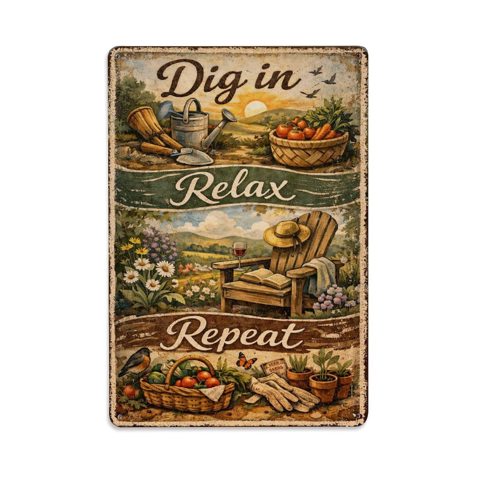 Jdfenggu Vintage Dig In Relax Repeat Garden Scene Retro Metal Tin Sign, Metal Poster For Bar, Home, Man Cave, Kitchen, Laundry Room Art Decor 8X12 Inch