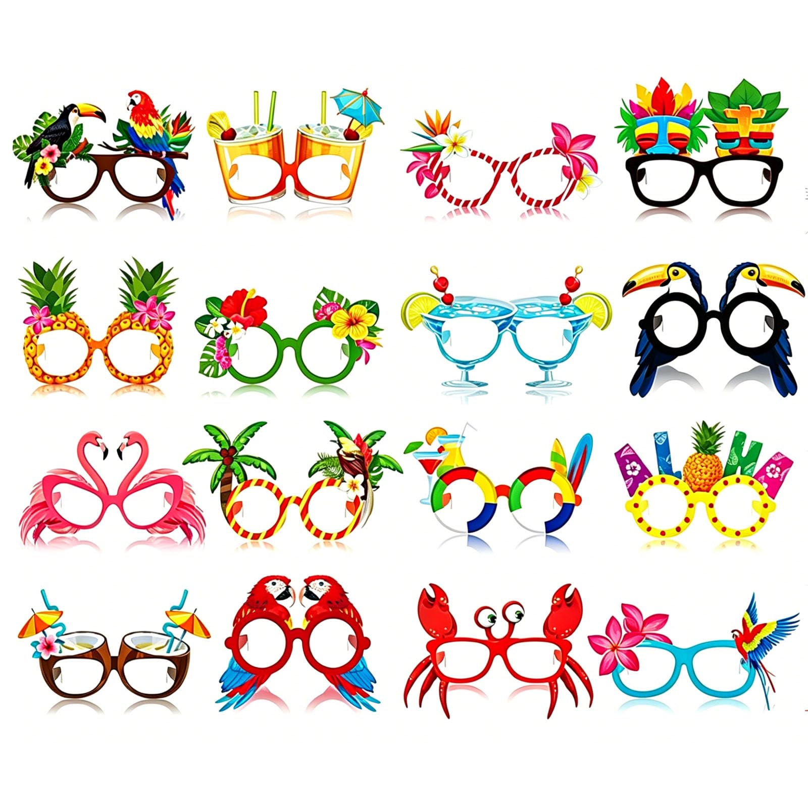 aieieii 16 Sets Tropical Paper Eyeglass Frames, Summer Luau Decor, Photo Booth Props And Party Glasses For Adults Ideal For Beach Pool Birthday Festivals And Daily Summer Party Accessories