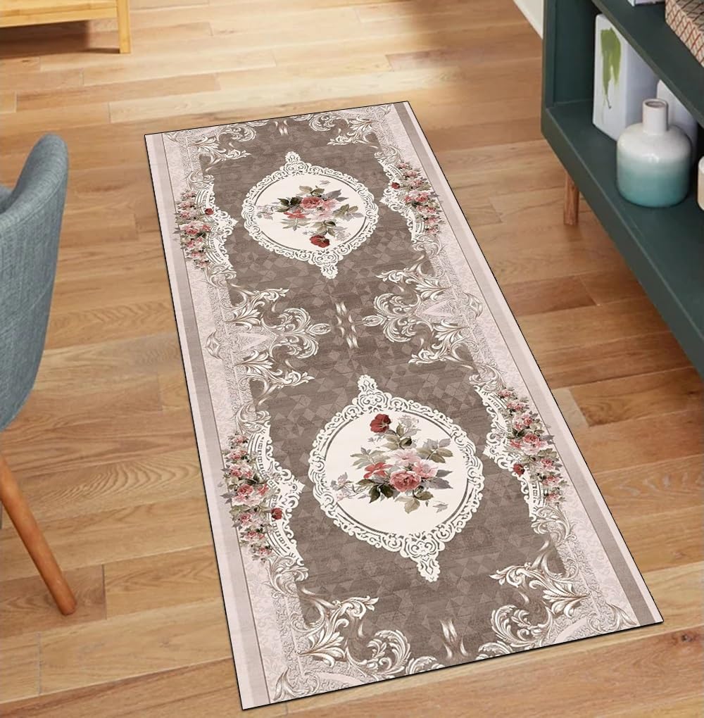 Tapis de couloir vintage beige antidérapant long 120x950 cm lavable