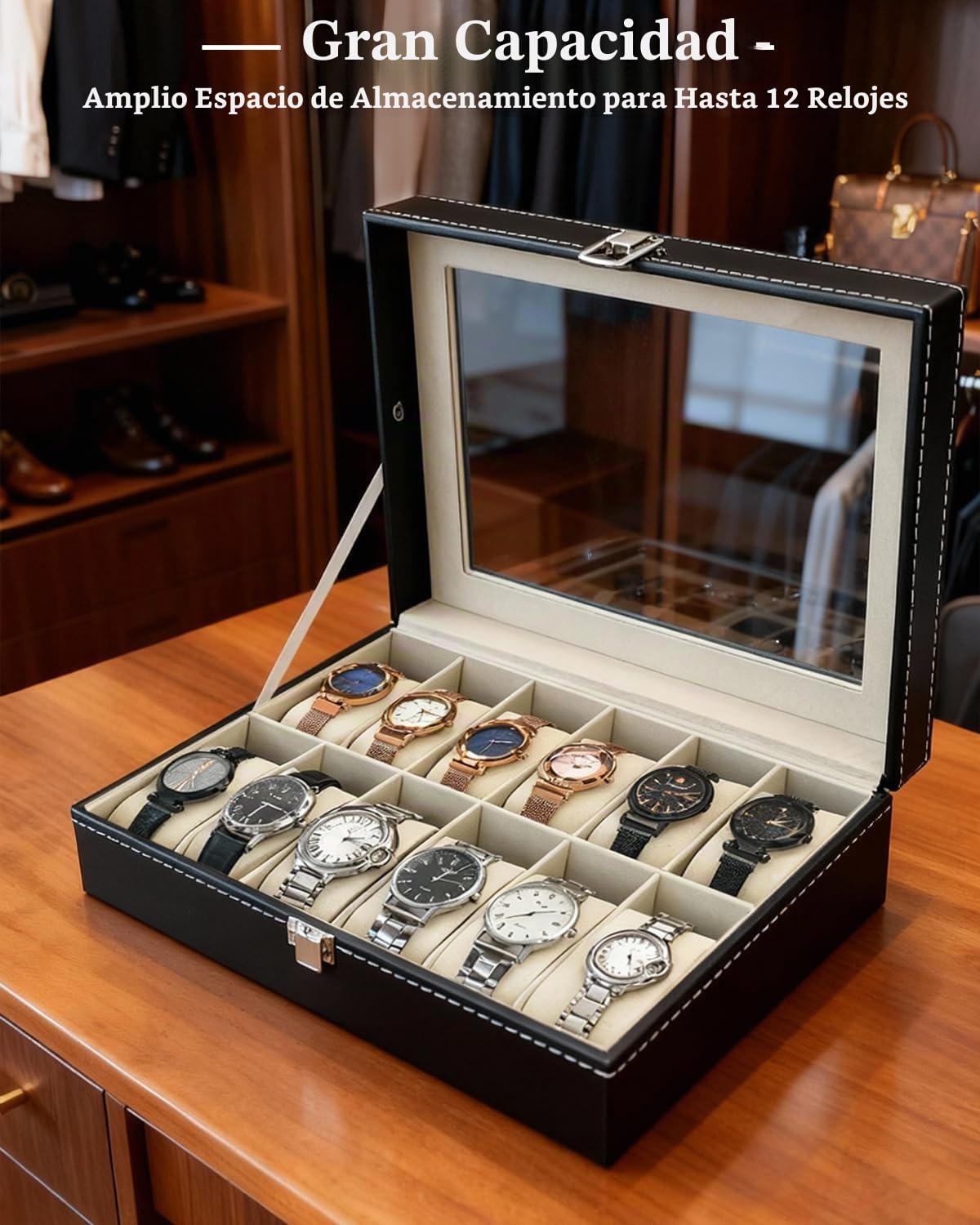 ATPEAM Caja para Relojes 12 Compartimentos Organizador Estuche Almacenamiento Tapa Cristal