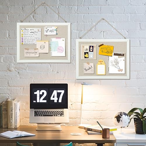 Vista 24 de Tablero de corcho grande de doble cara con lino, tablero de anuncios con marco de madera colgante de 24 x 18 pulgadas, tablero de visión