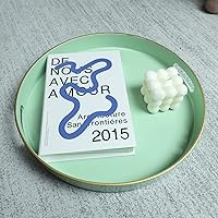 Vista 2 de Spsyrine - Bandeja decorativa redonda de plástico verde, bandeja moderna de 13 pulgadas con asas, patrón de mármol, para desayuno, mesa de café