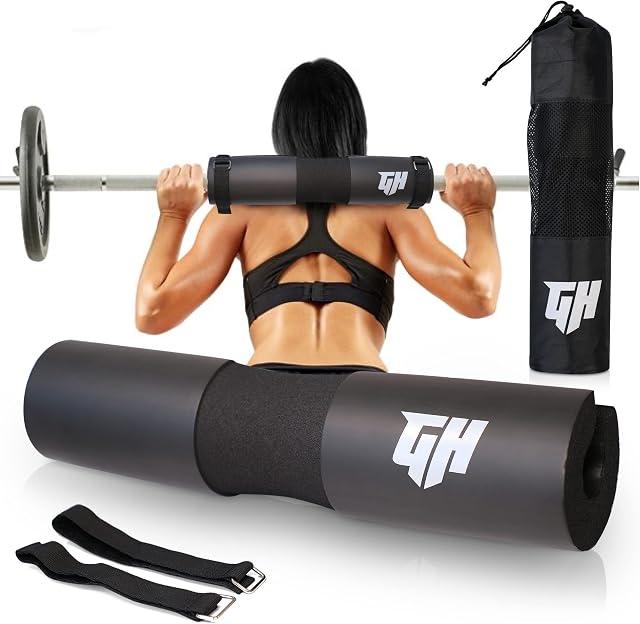 GH Sports Barbell Pad - Thick Foam Padding, Rubber Squat Pad with 2 Straps & Carry Bag - Neck, Back & Shoulder Support for Weightlifting, Hip Thrusts, Squats - Fits Olympic Barbell - Gym Accessories