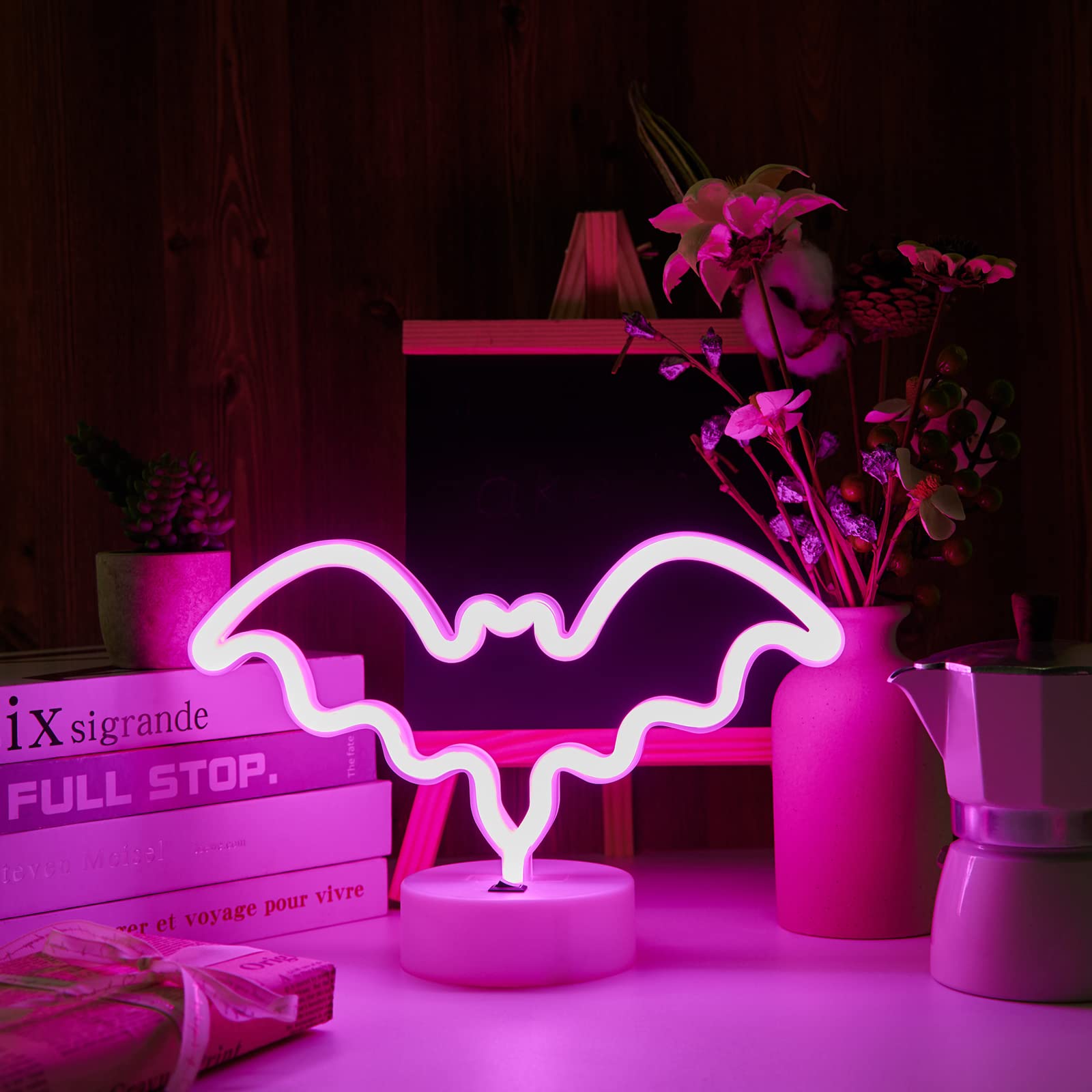 Bat Neon Signs, LED Neon Lights for Bedroom, Gifts for Him, Bedside Lamps with Base, USB or Battery Powered Table Lamp for Dorm Decor, Kids Room, Living Room, Game Room, Party, Wedding