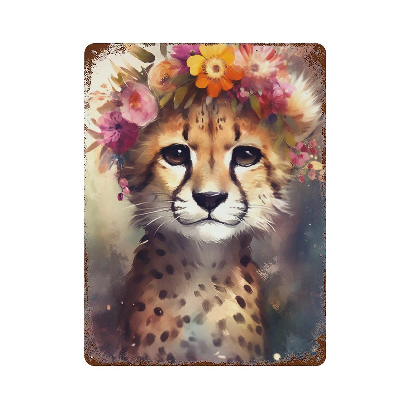 Floral Crown Cheetah Art Print Rusty Metal Tin Sign 15.7"x11.8", Shabby Chic Decor for Garage, Bar And Workshop Decor