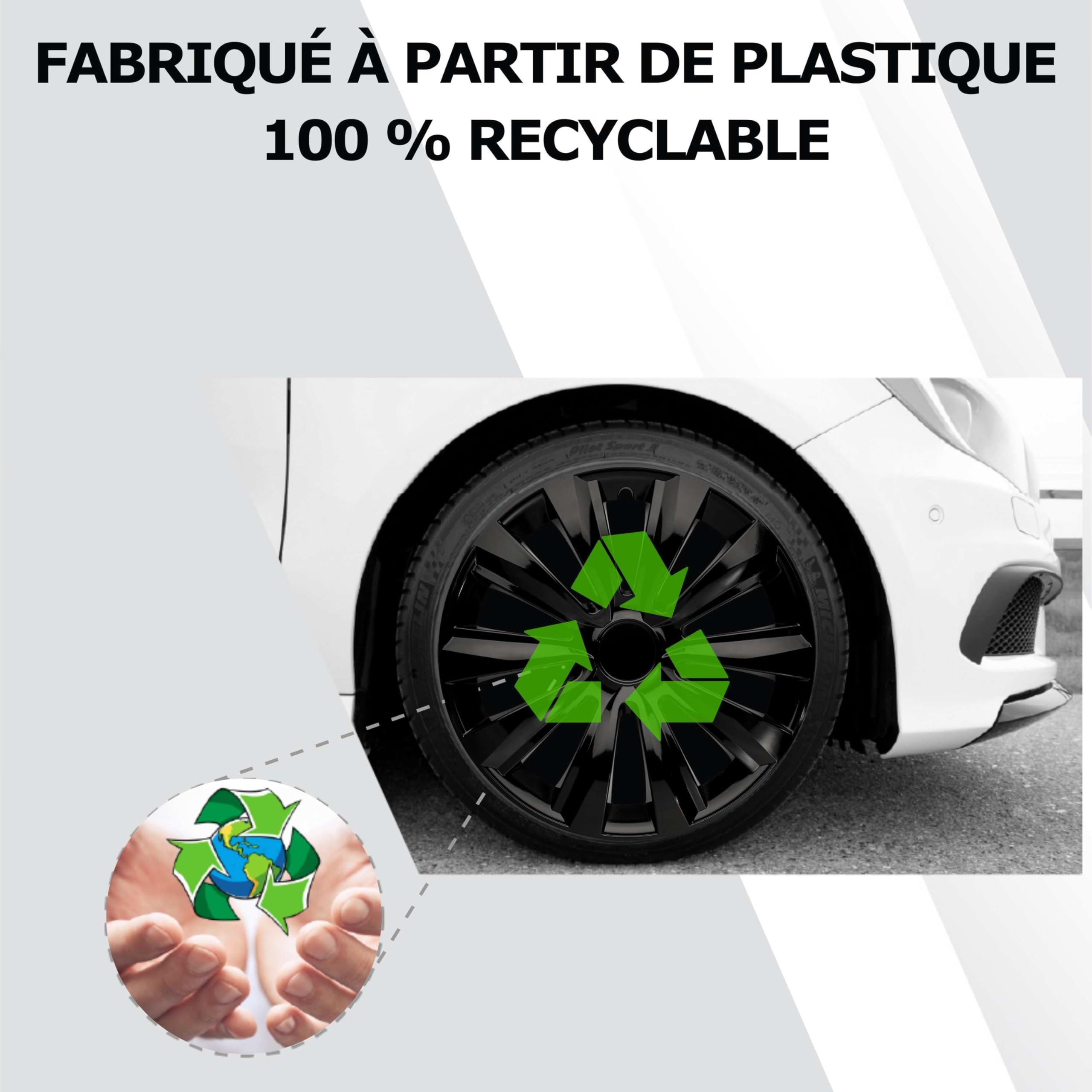 Enjoliveurs 16 Pouces Noir Brillant Lot de 4 – Design 10 Branches Universels, ABS Robuste, Look Sport Glossy, Plastique 100% Recyclé, Protection Jante/Valve – DeltaNos