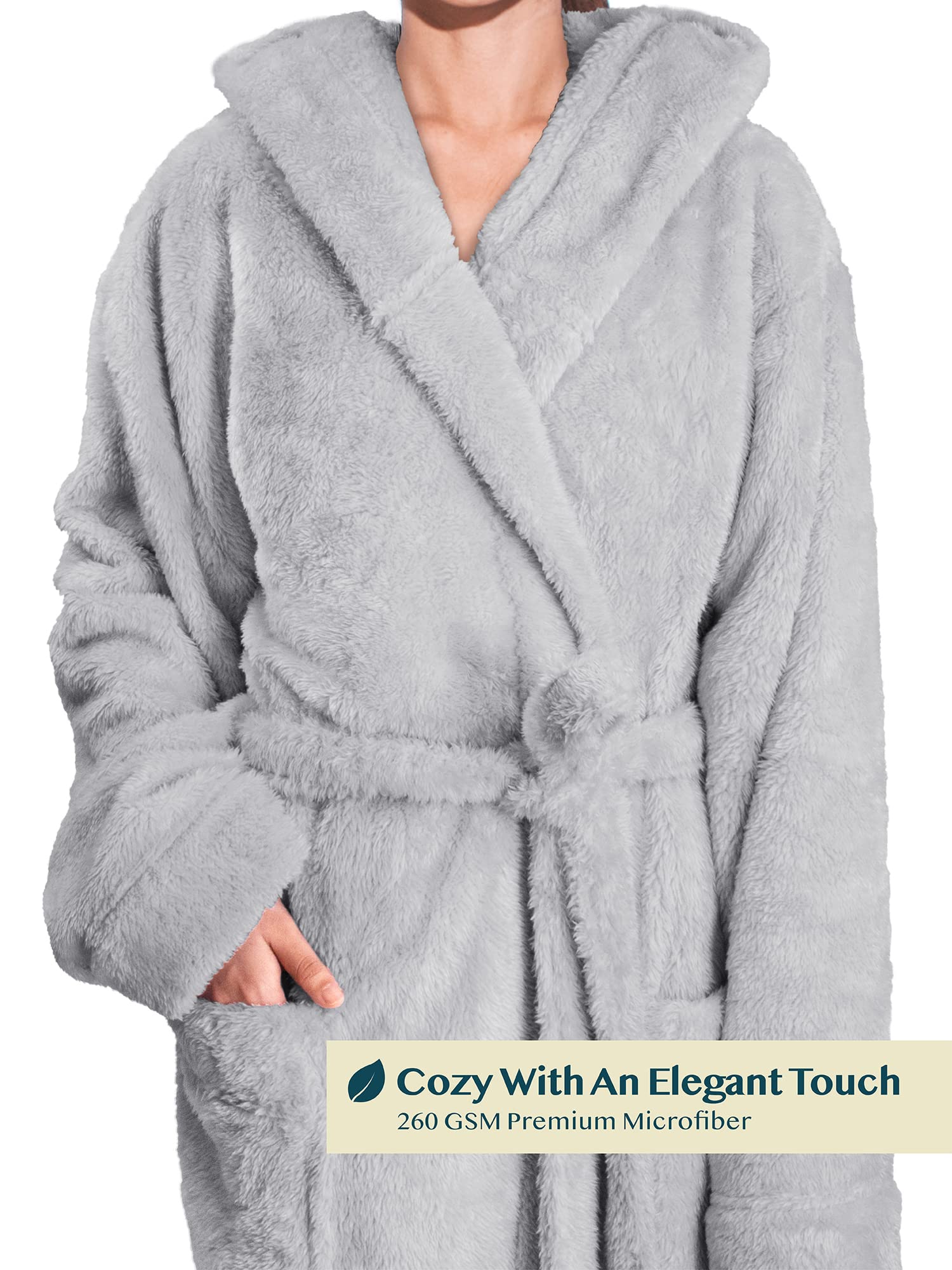 PAVILIA Peignoir à capuche en peluche douce pour femme | Peignoir à poils longs en polaire sherpa chaude et moelleuse