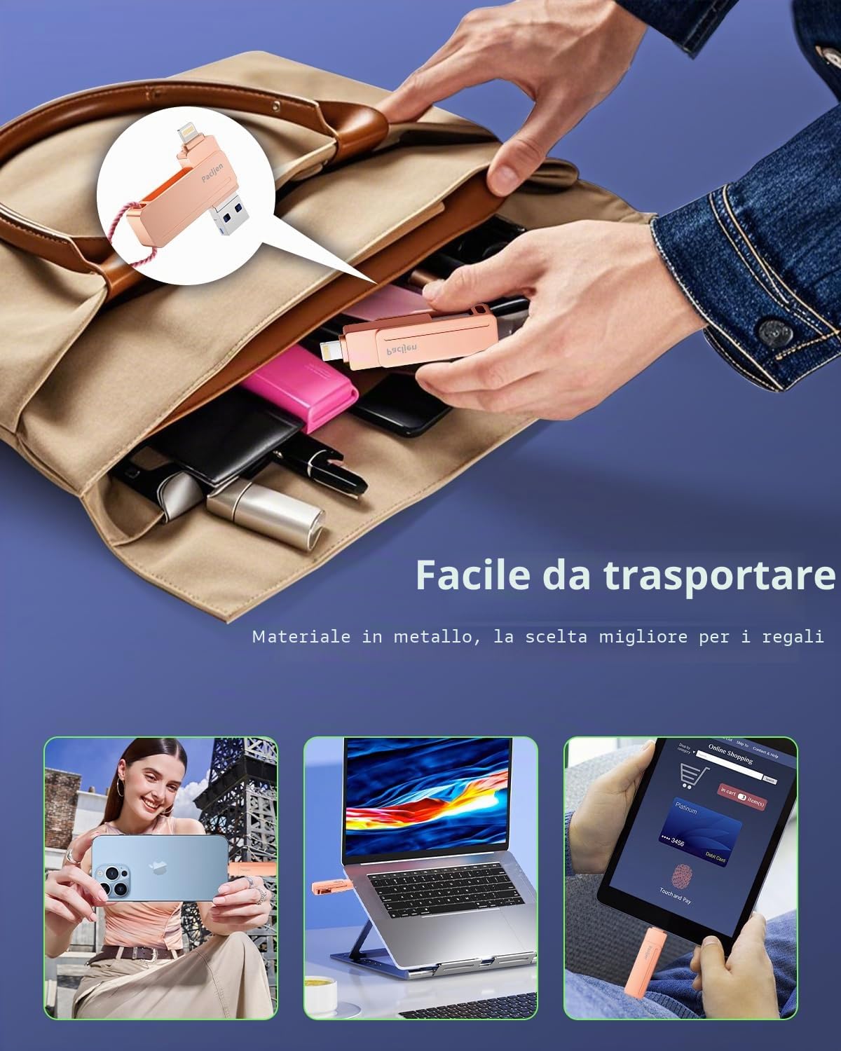 Chiavetta USB 512GB,3 in 1 Pendrive USB C - [MFi Certified],Rosa | Protezione Password,Velocità di Trasferimento Elevata,Memoria Esterna USB 3.0 con iOS Android PC Tablet per il Lavoro/Viaggi