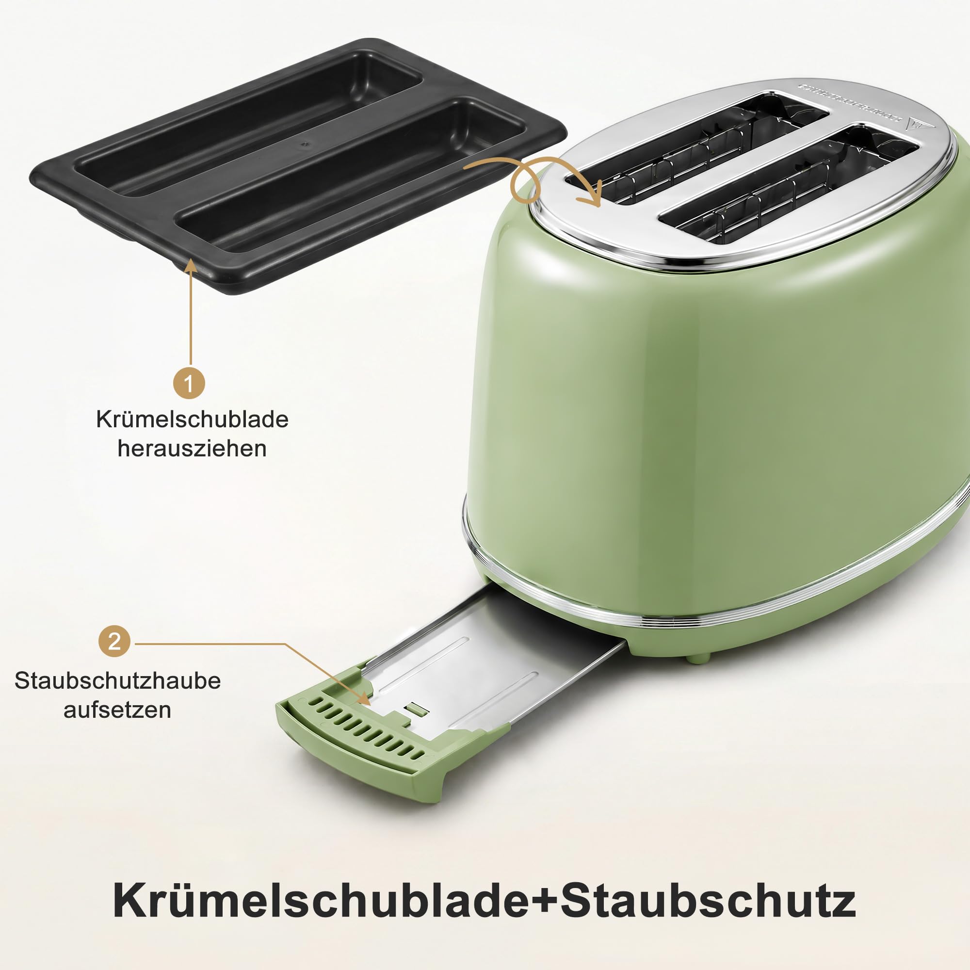 Wiltal Retro Toaster 2 Scheiben Edelstahl, Grün, TS-R008 | Brötchenaufsatz, 6 Röststufen, Vorheiz- und Auftaufunktion, Abschaltautomatik, Perfekt für Sandwiches & Toast