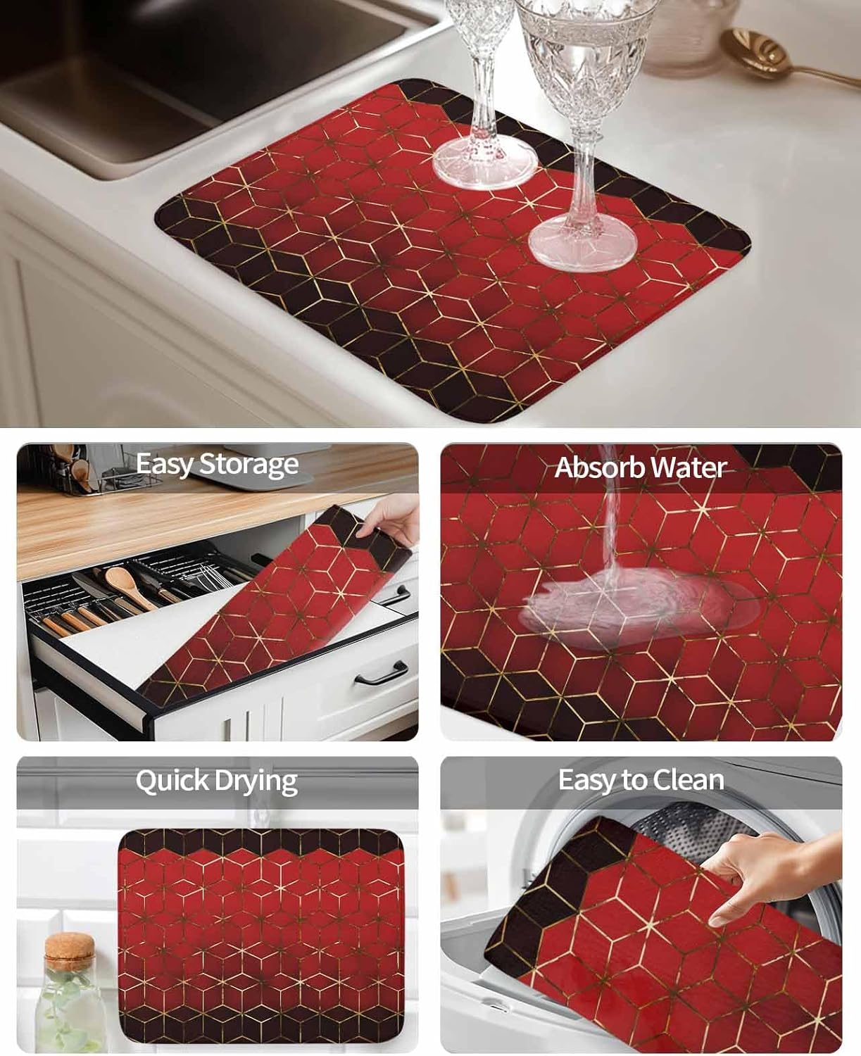 Abstract Stereo Cube Dish Drying Mat for Kitchen Counter Modern Gradient Black Red Comb Grid Cubes Super Absorbent Microfiber Coffee Bar Mat Washable Dish Drainer Rack Mat, 2 Pack, 16" x 18"