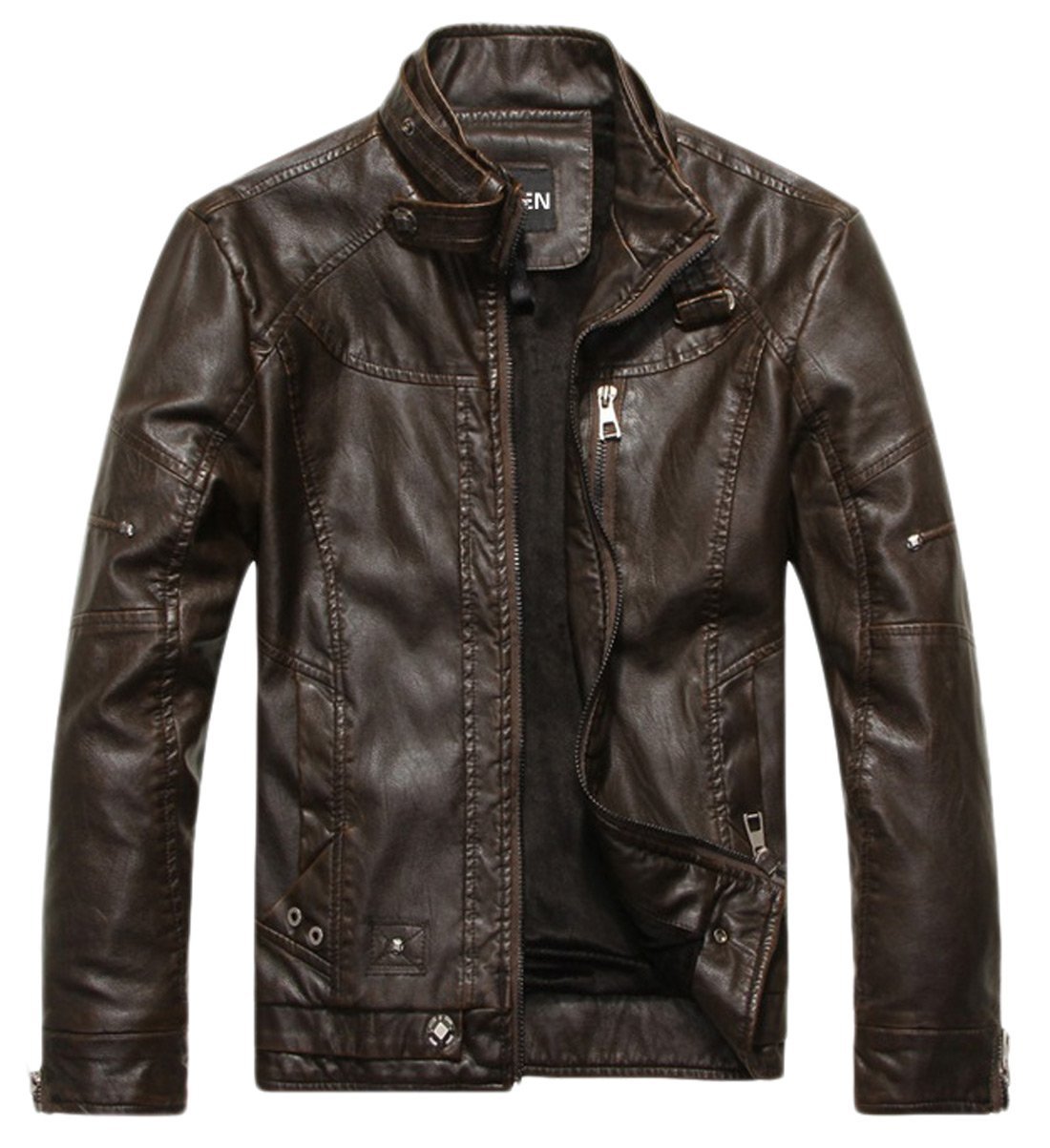chouyatou Men's Vintage Stand Collar Pu Leather Jacket