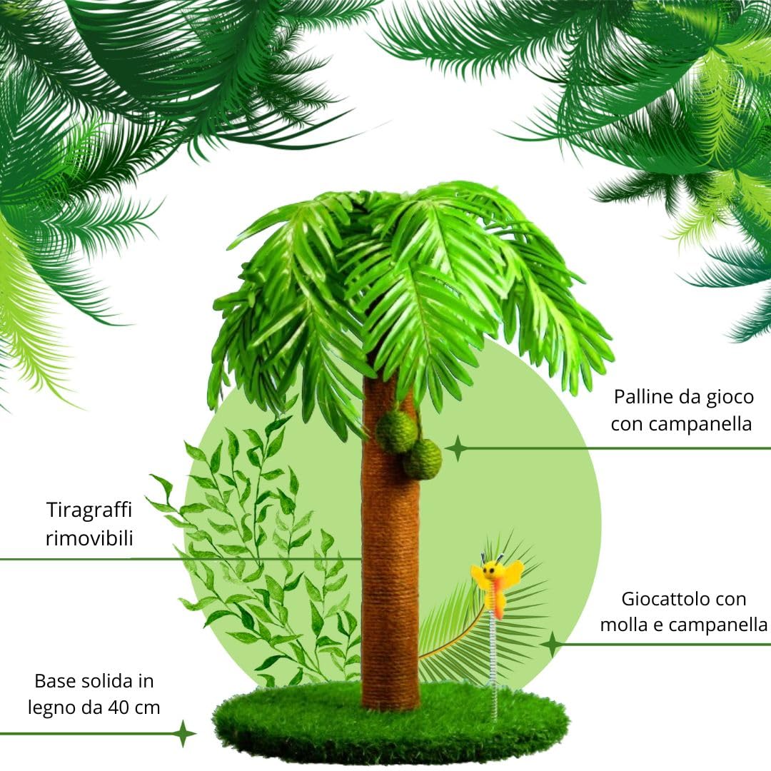 Tiragraffi per gatti 78 cm – Colonna tiragraffi per gatti con motivo palma e sfere oscillanti – Cat Scratching Post – Tiragraffi gatto corda in sisal naturale – Tiragraffi legno