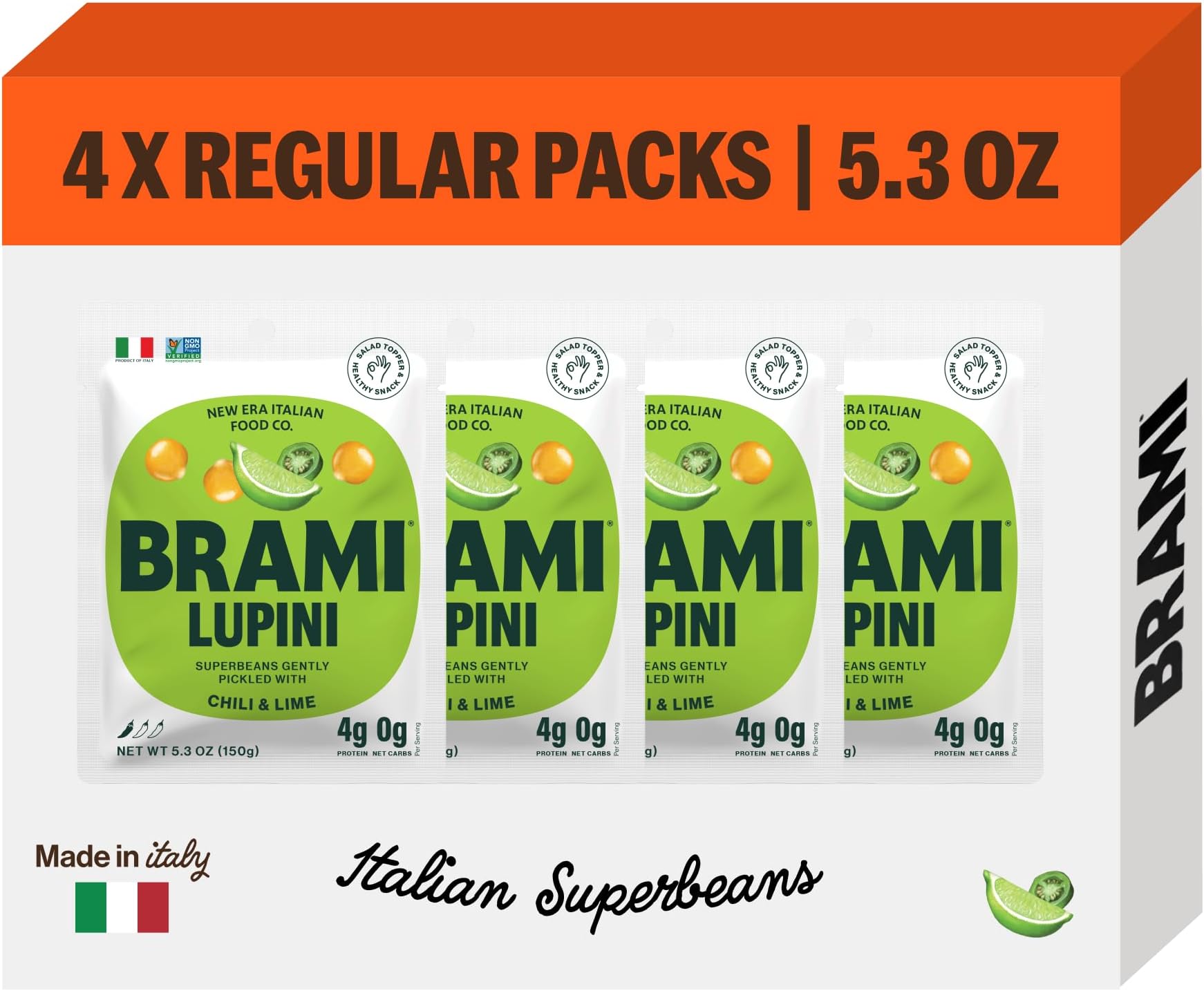 BRAMI Lupini Beans Snack, Chili & Lime | 7g Plant Protein, 0g Net Carbs | Vegan, Vegetarian, Keto, Mediterranean Diet, Non Perishable | 5.3 Ounce (4 Count)