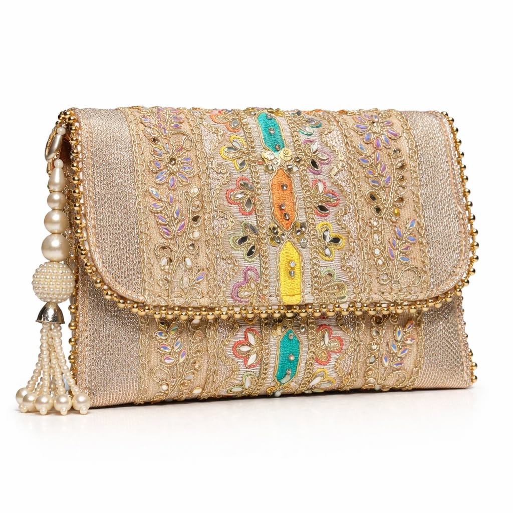Multicolor Gold Clutch Bag for Women, Floral Embellished Bridal Purse with Pearl Tassel, Ladies Handbag for Party, Reception, Sangeet, Mehendi, Festive and Ethnic Occasions-picture-37