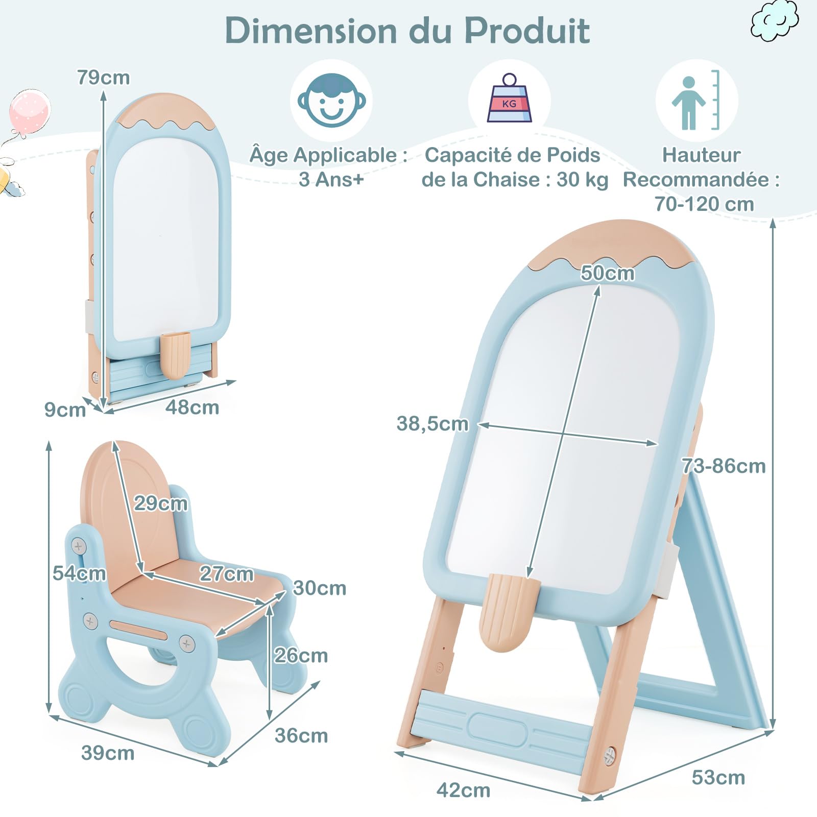 DREAMADE Tableau Enfants, Chevalet d'Art Pliable et Réglable en Hauteur, avec Tableau Blanc, Effaceur, Marqueurs et Boîte de Rangement (Bleu)