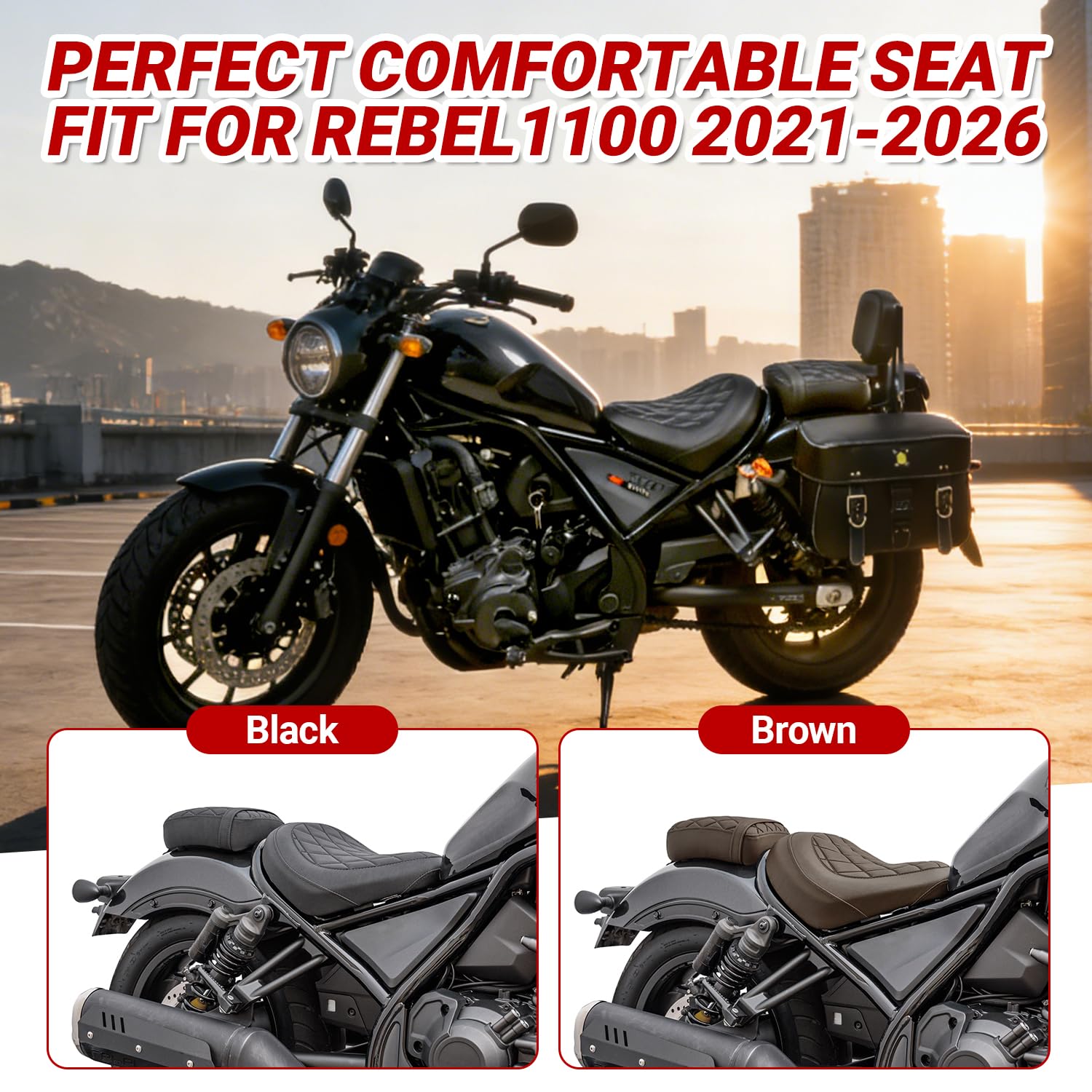 Motorrad Fahrer Sitz Sitzbank für Rebel CMX 1100 CMX1100 CM1100 2021 2022 2023 2024 2025 2026 Fahrersitzkissen Solo Set (Schwarz)