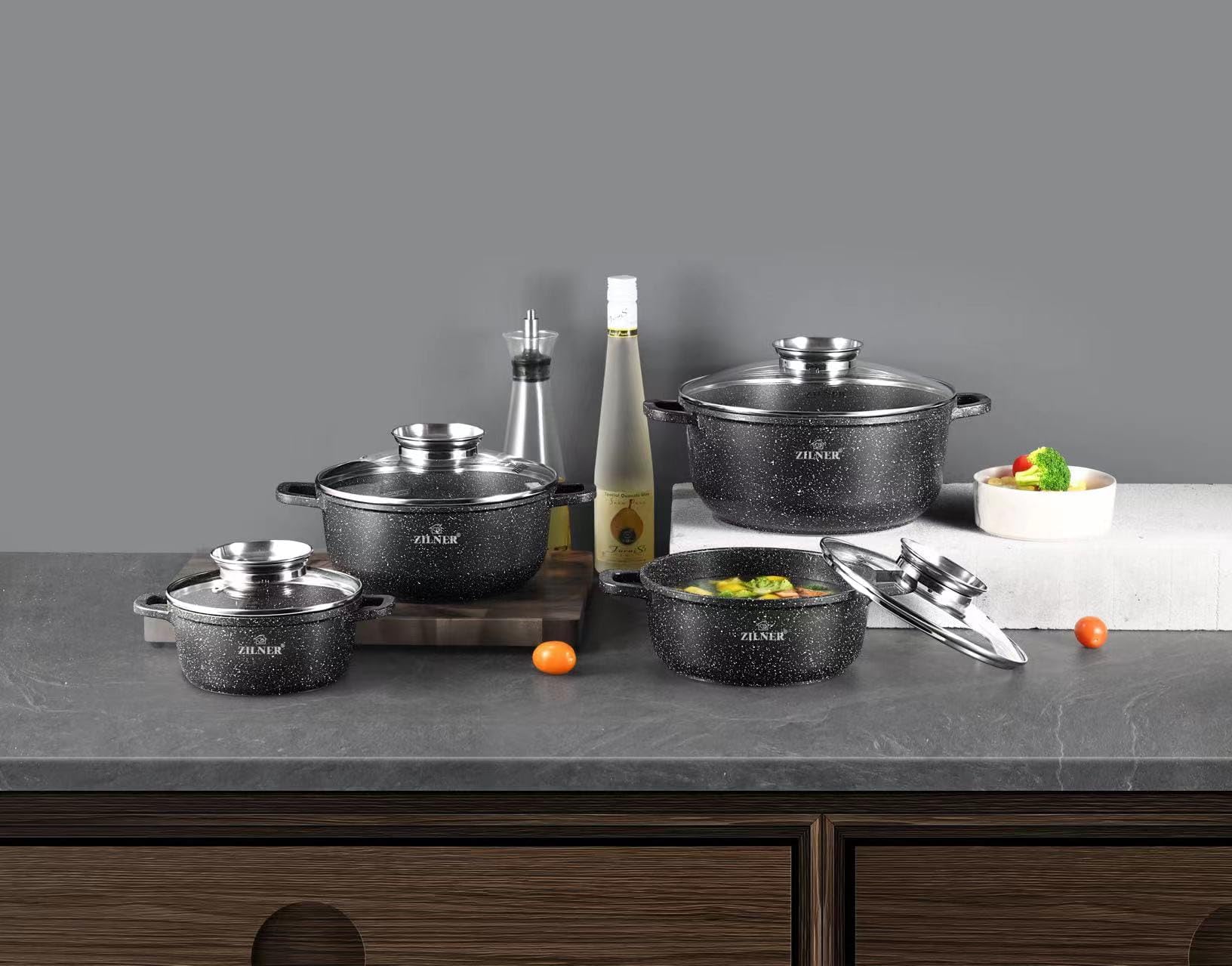 Lot de 17 Casseroles et Poêles, Revêtement Marbre et Céramique, Noir | Couvercles en verre, antiadhésif, tous feux dont induction, gaz, électrique, vitrocéramique, aluminium, poignées isolantes