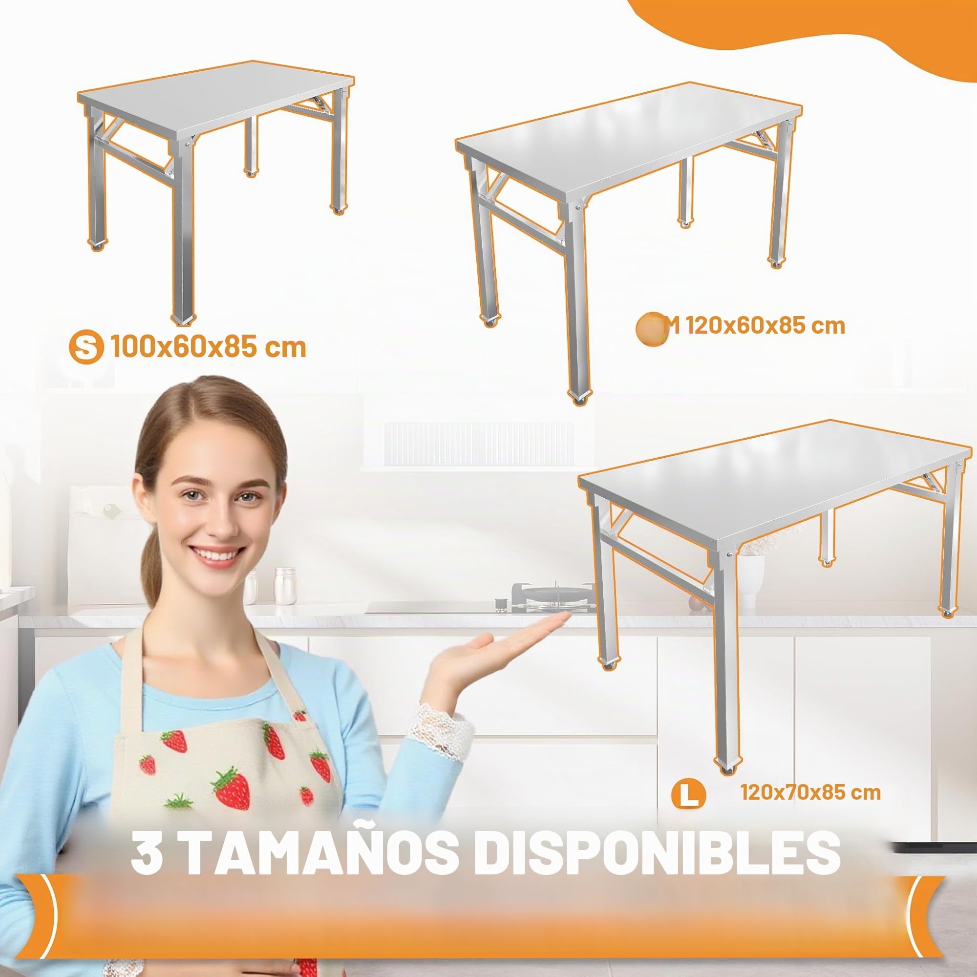 FIVMEN Mesa de trabajo plegable de acero inoxidable para cocina, bar, restaurante, hasta 300 kg, 100 x 60 x 85 cm