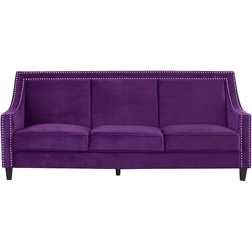 Iconic Home Camren Sofa Velvet Upholstered Swoop Arm Silver Nailhead Trim Espresso Finished Wood Legs Couch Modern Contemporary, Purple
