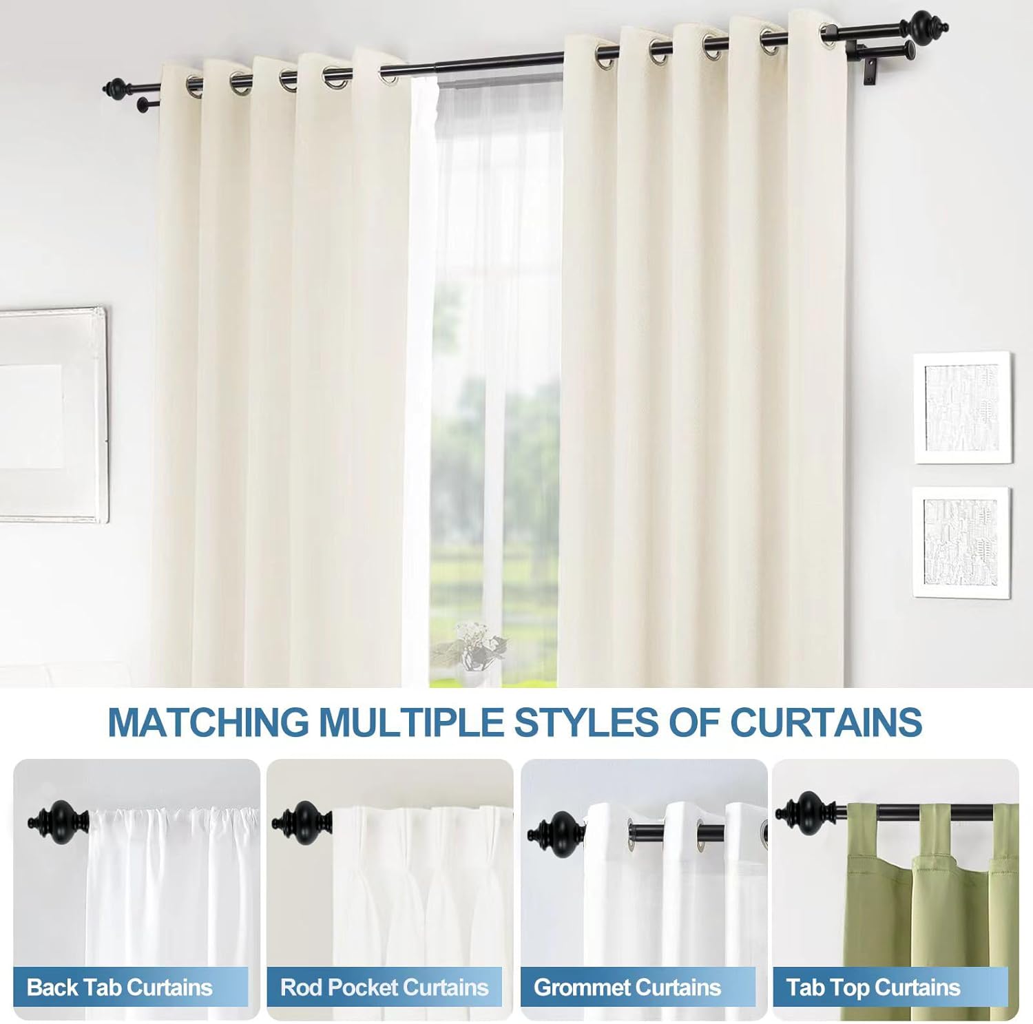 Urbanest Round Urn Adjustable Double Drapery Curtain Rod Set, 5/8", 84"-120", Black
