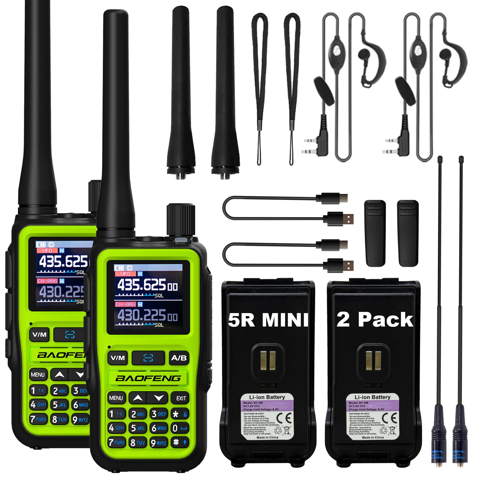 BAOFENG UV-5R Mini Two Way Radio BF-5R Mini Walkie Talkie Wireless Power Adjustable Tiny Size Frequency Copy 999 Channels Type-C Four Colors Portable Ham with 771 Antenna and Headset（2 Pack） (Green)