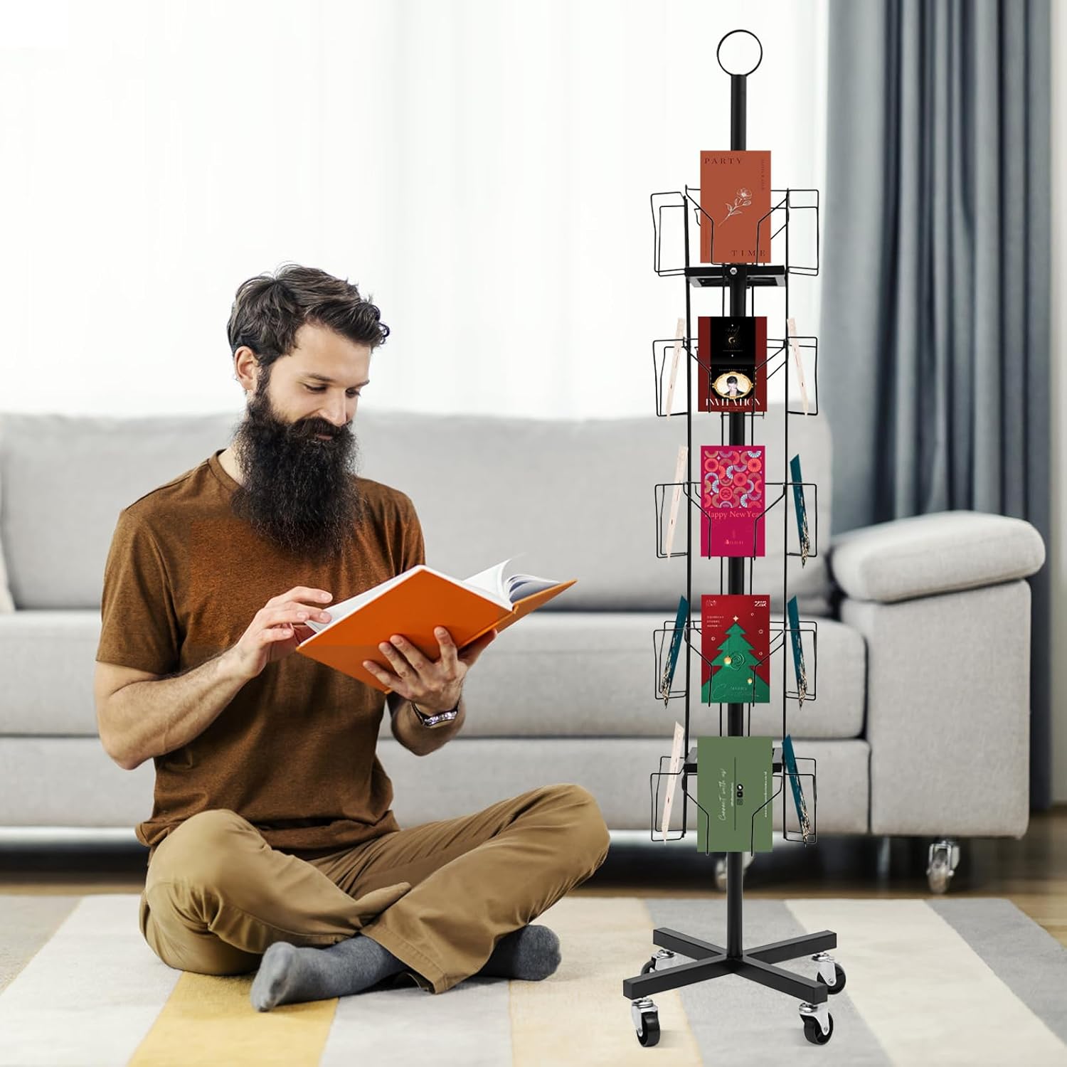 Greeting Card Display Stand 20 Card Pockets Black Postcard Rotating Greeting Card Rack Display Stand Spinning Pocket Rotating Holder for Postcards Brochures Office Products