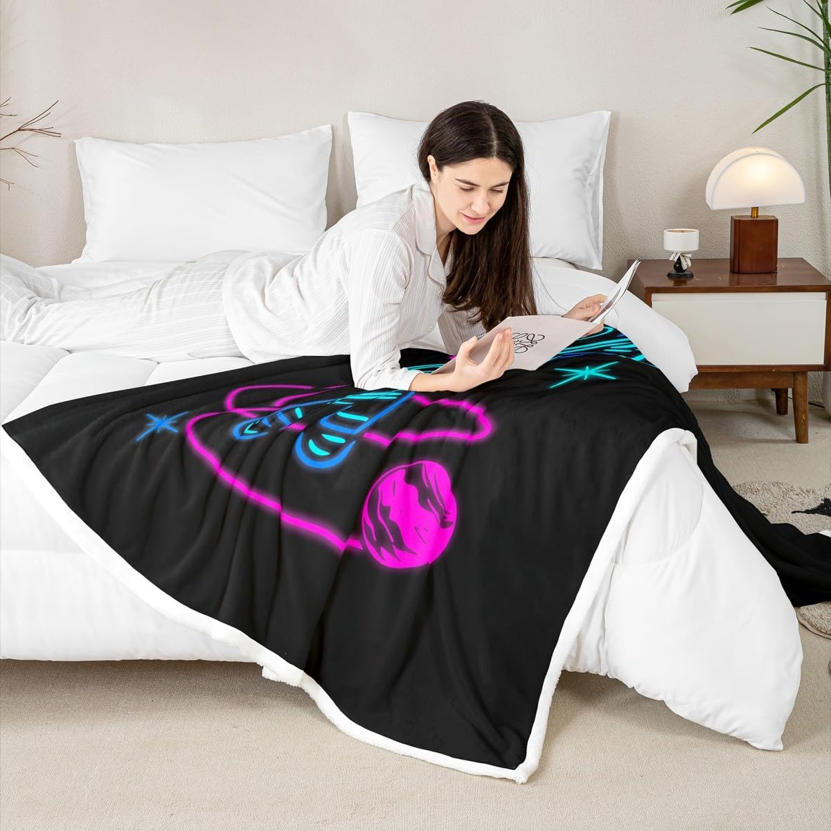 Cartoon Robot Throw Blanket,Outer Space Starry Sky Planets Fuzzy Blanket,Neon Gaming Intelligent Machine Fleece Throws for Bed Couch Sofa,Black Soft and Breathable,Queen Size (90 x 90 Inches)