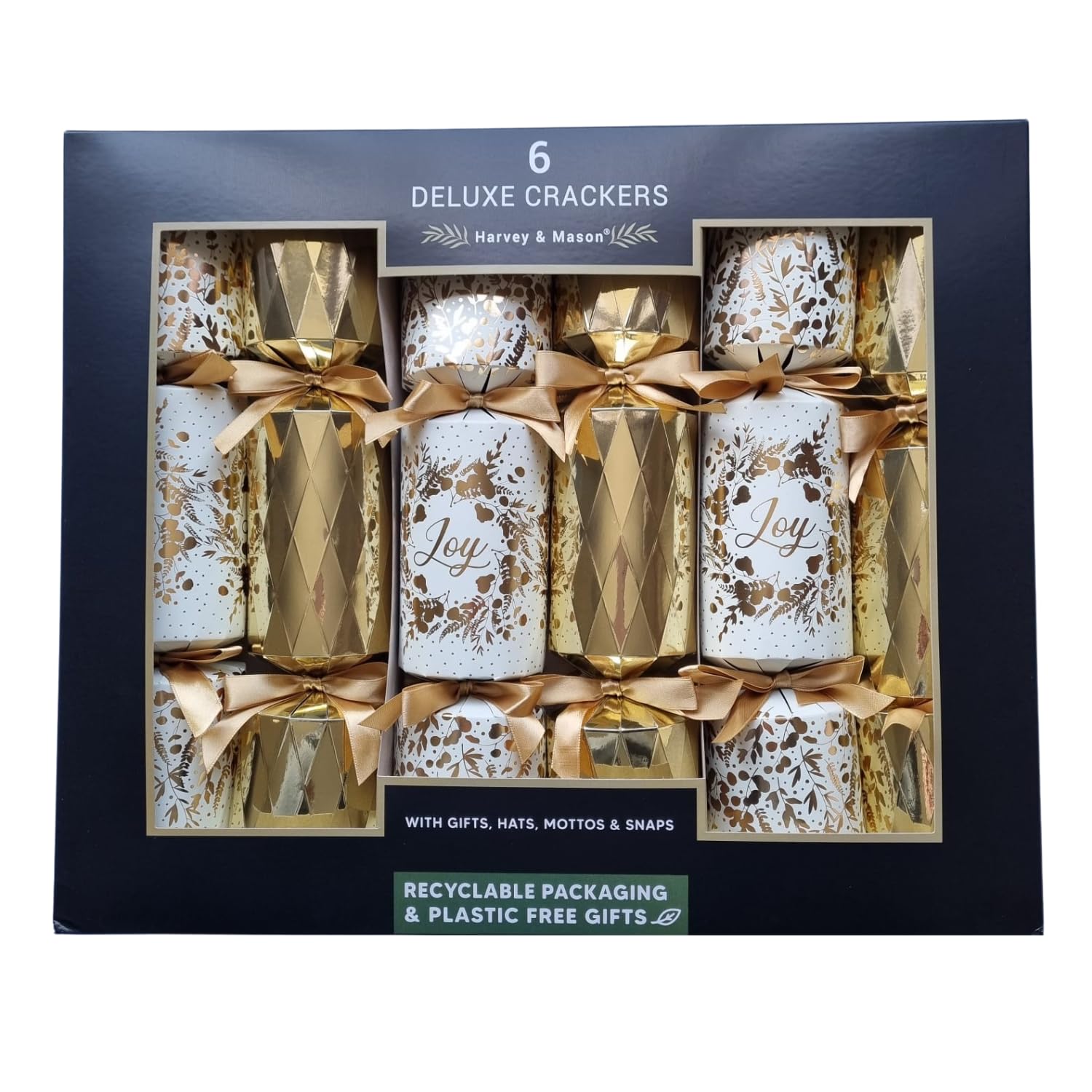 Ancient Chemistry Deluxe Joy Christmas Crackers | Pack of 6 | 13.5" Length | Delux Joy Design | Gold Satin Ribbon | Includes Hat, Snap, Motto Eco-Friendly & Recyclable