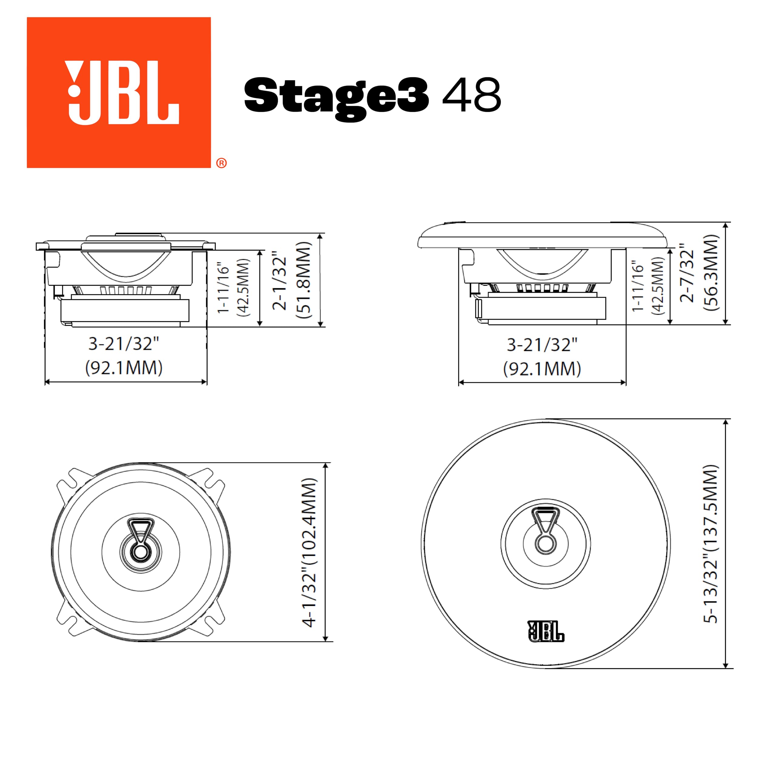 JBL Stage3 Gen2 48 Altavoces de Coche Coaxiales de 4 Pulgadas (100mm) con Rejilla 50W RMS 400W Pico Tecnología Plus One Fibra de Vidrio Impedancia 4 Ohmios para Sonido HiFi