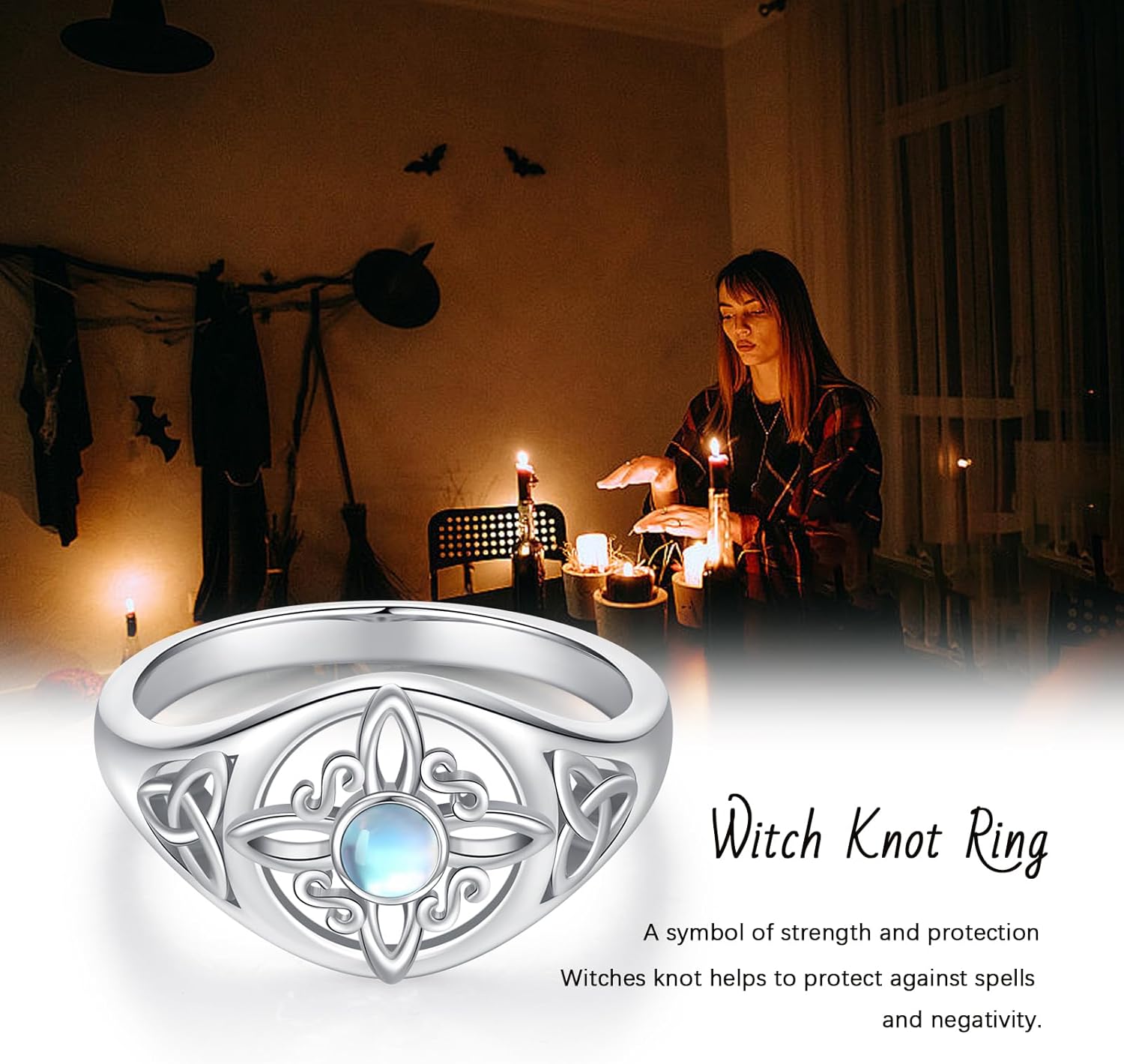 Witches Knot Ring for Women Sterling Silver Moonstone/Abalone Shell Celtic Knot Ring Celtic Witch Jewelry Witchy Gifts for Mom - Image 7