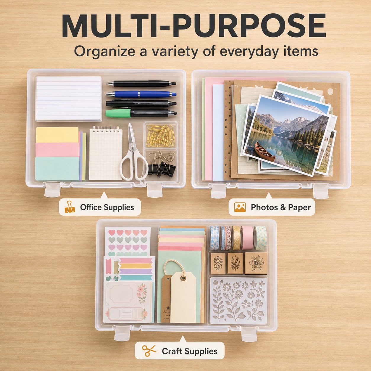 CraftGenes Confezione da 4 scatole di carta A4 con coperchio, 32,3 x 24,1 x 4,6 cm di spessore, in plastica, impilabili, organizer per album di ritagli, giochi da tavolo, documenti, foto e materiale