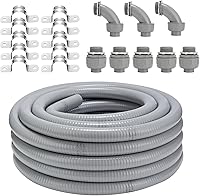 FeverLZong 1 Inch 50ft Liquid-Tight Flexible Conduit Kit - Non-Metallic Weatherproof Fittings, Clamps for HVAC, Outdoor, UV Resistant