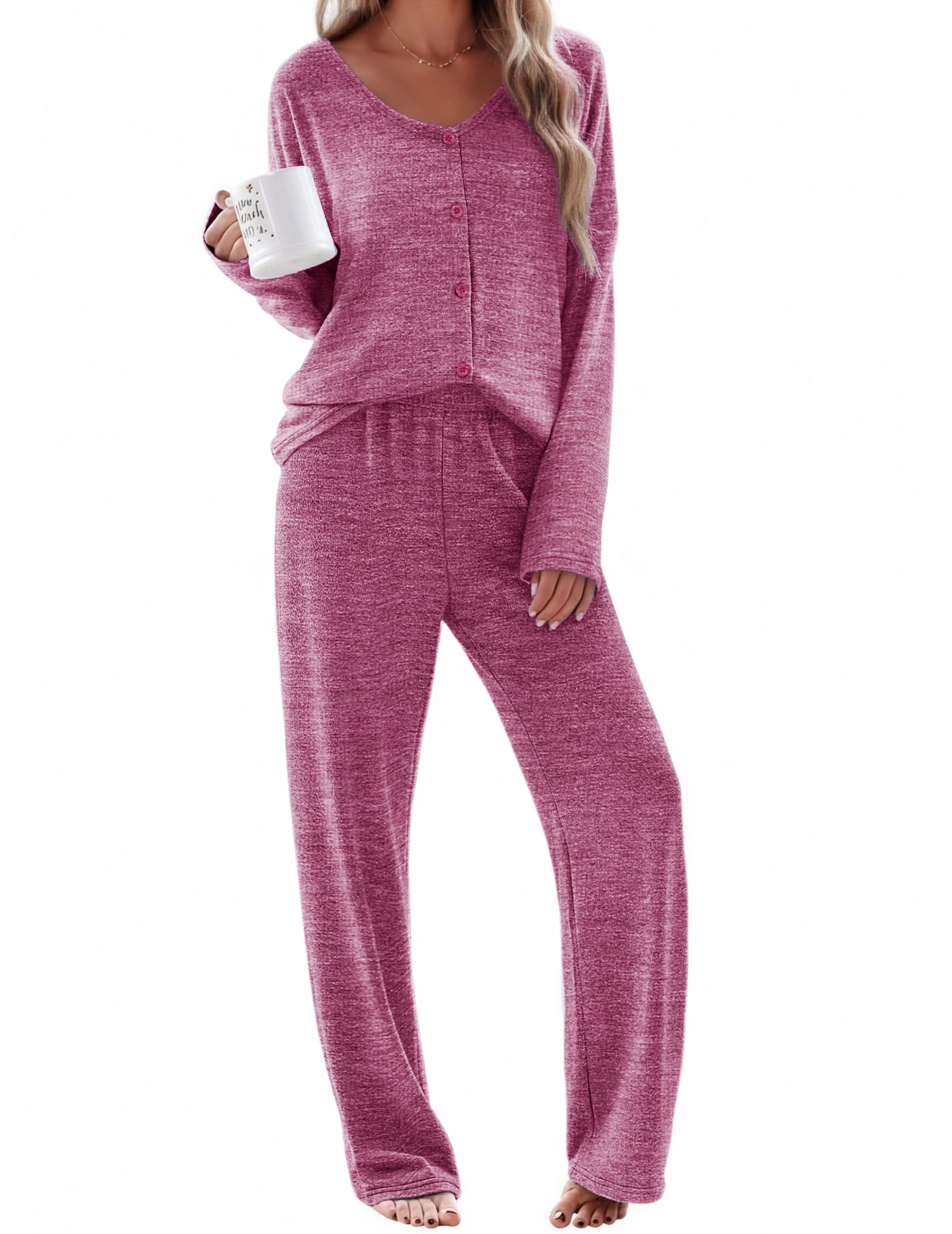 Ekouaer Womens Pajama Sets Button Up Long Sleeve Pjs Soft Lounge Set 2 Piece Sleepwear with Pockets