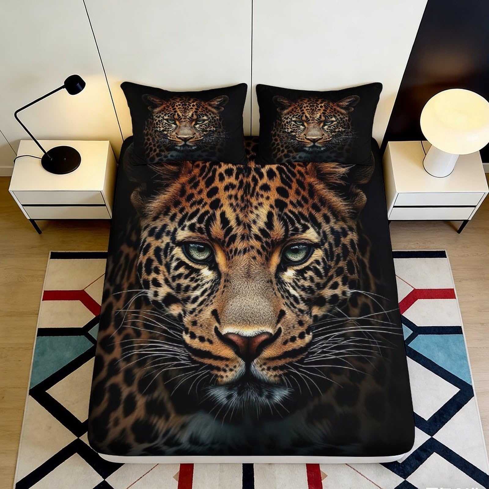 3D Printed Leopard Pattern Fitted Sheet Microfiber Soft Breathable Jaguar Design Bed Cover for Bedroom Dormitory Guest Room Mattress Protection 180x200x25cm