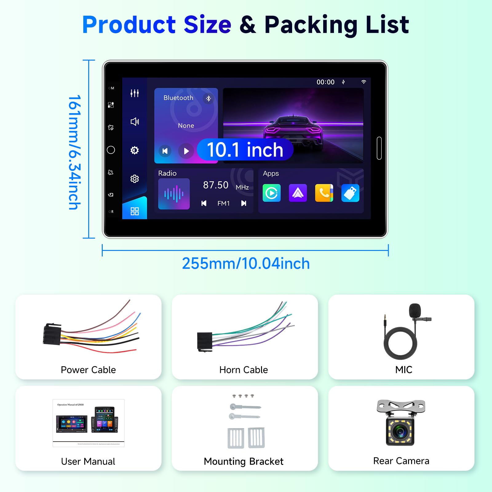 Radio de Coche 1 DIN Pantalla Táctil IPS 10,1" Giratoria Inalámbrica CarPlay Android Auto Bluetooth Am/FM/RDS Control Volante Ecualizador Mirror Link USB