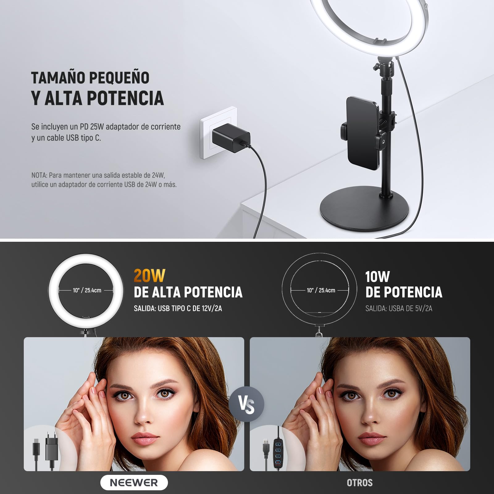NEEWER 10" 20W Aro Luz LED con Soporte Teléfono Escritorio para iPhone Portátil, Bicolor 2900K-7000K, USB C PD, CRI97+ 1660LX/0.5m, Luz para Videoconferencia, Grabar TikTok, Maquillaje y Selfie,RH10B