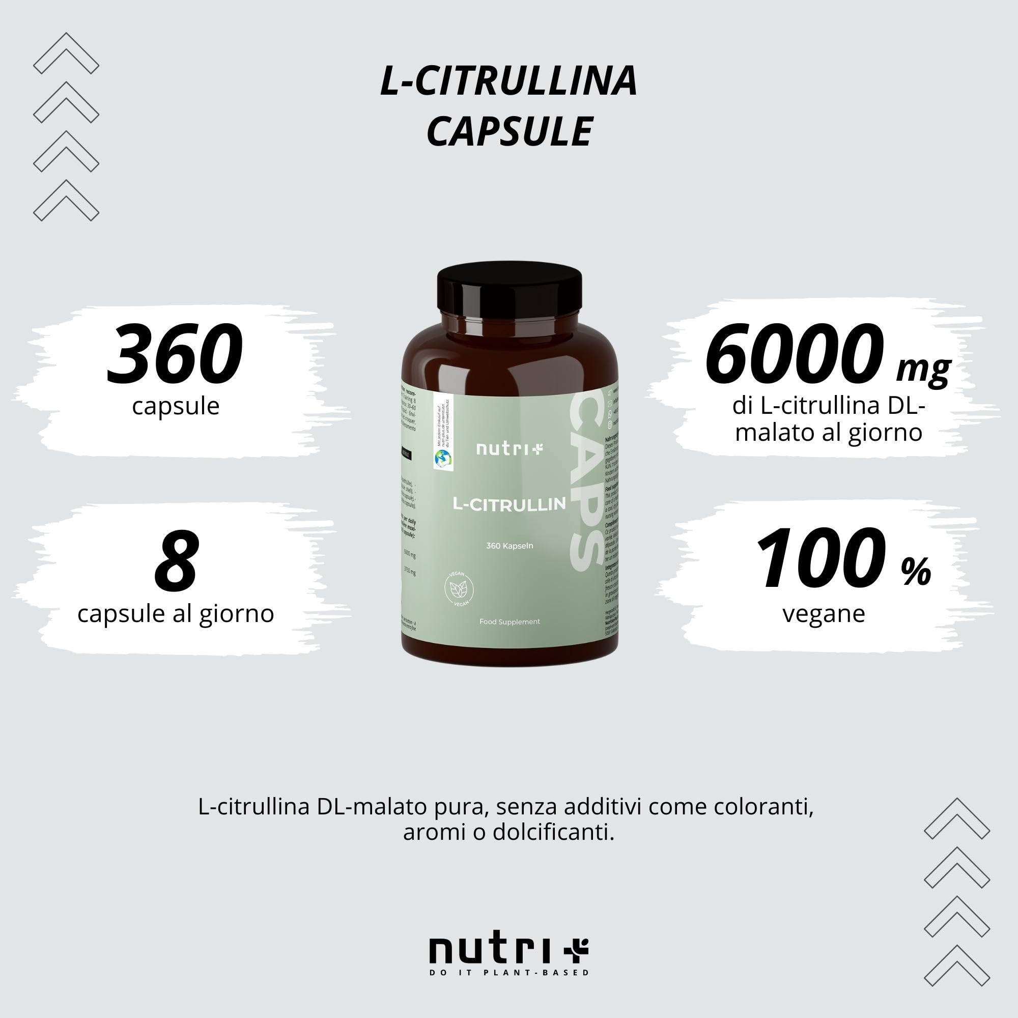 Capsule di Citrullina Alto Dosaggio + Vegan - 360 Compresse - Nutri + L-Citrullina DL Malato 2:1 - Fitness Bodybuilding - Citrulline Malate Pura 6000 - Qualità Premium senza Additivi