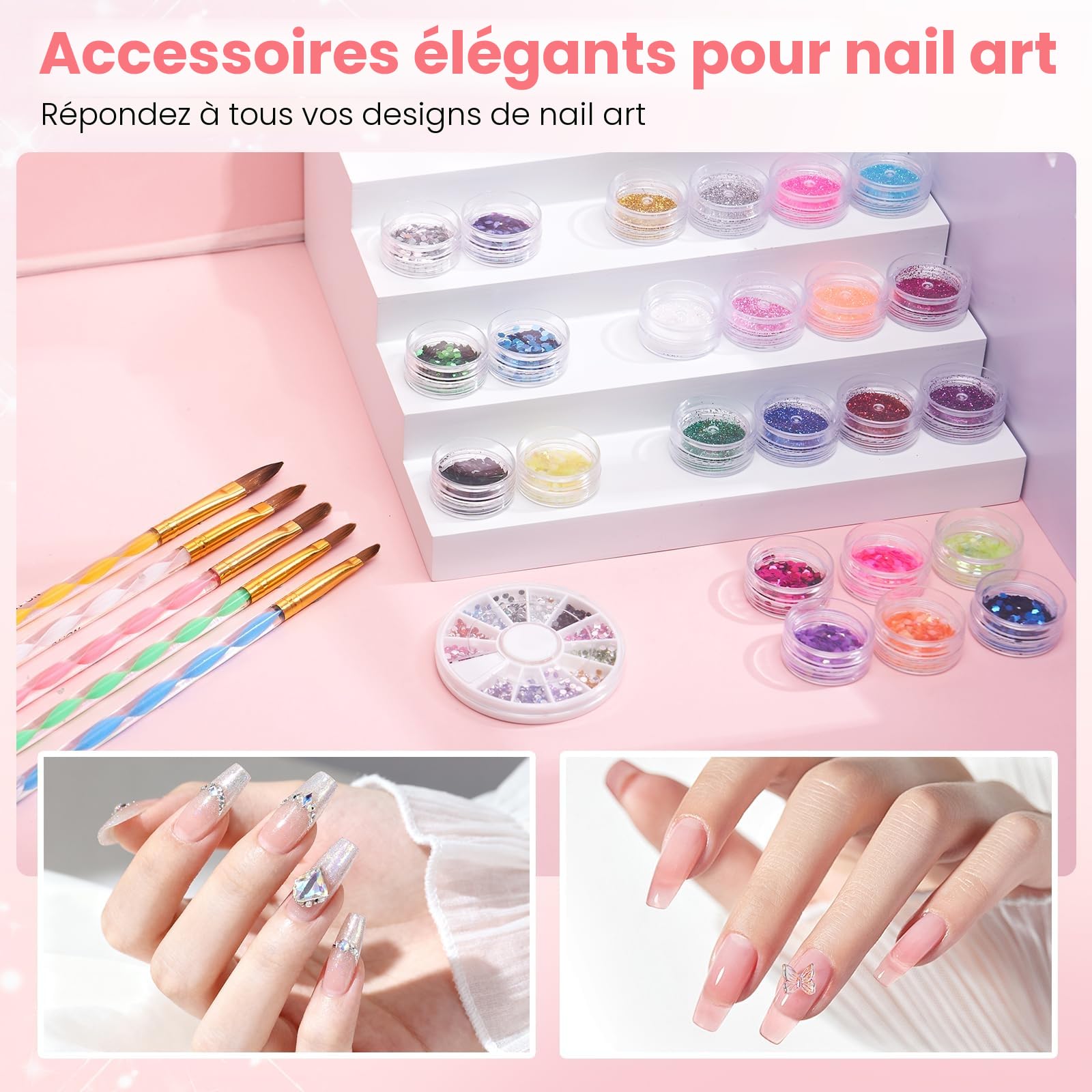 Deciniee Acrylique Kit Ongles Pour Débutants–Faux Ongles/Poudre Acrylique/Lampe UV/Main D'Entrainement Manucure-Idéal Pour DIY Nail Art-Kit Avec Outils Complet Dans Un Sac De Stockage Rose