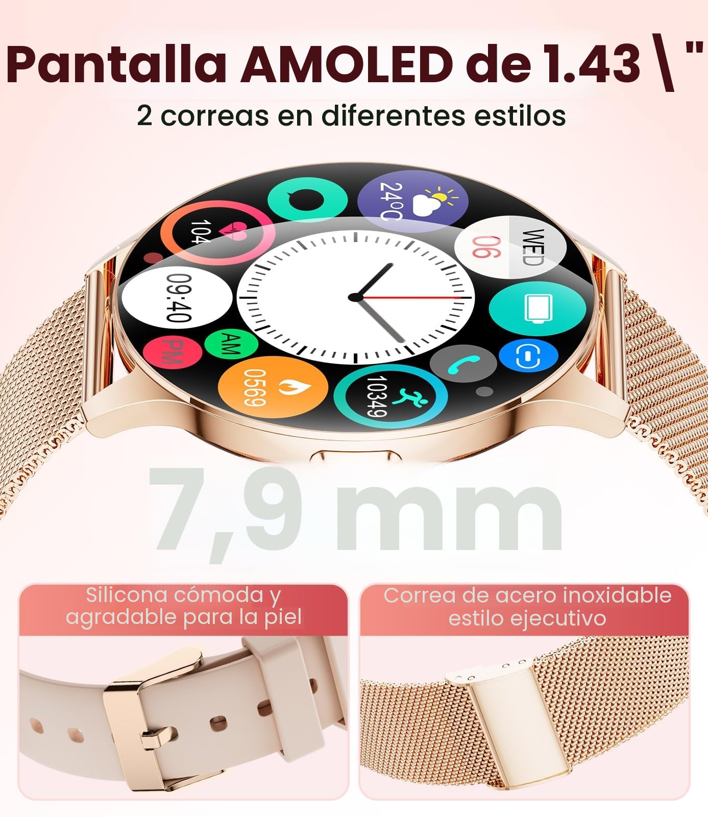 Reloj Inteligente Mujer 2025-7.99 mm Ultra-Delgado Elegante Fitness Watch con 1,43'' HD AMOLED Pantalla, Llamadas/IP68 Impermeable, 100+ Modos de Deporte, Salud de la Mujer para iOS Android, Oro Rosa