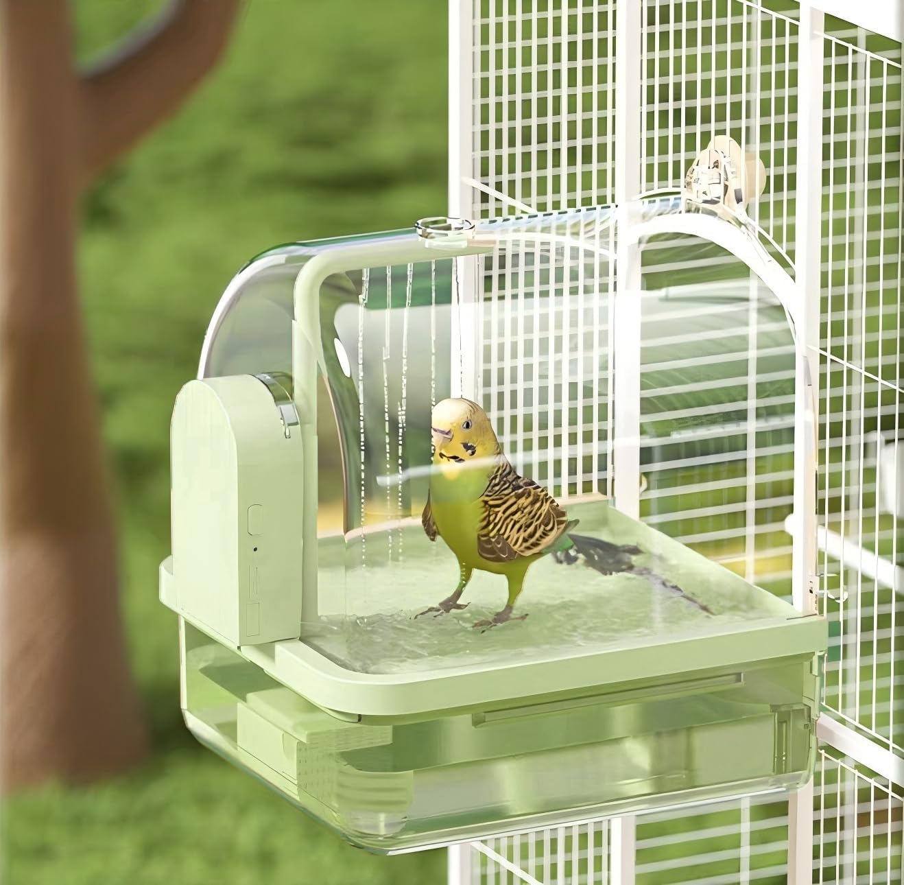 Electric Bird Bath for Cage,Automatic Bird Bathtub Shower,Water Wiggler for Bird Bath，Parakeet Bird Bath with Pump,3 in 1 Multifunction Expandable Bird Cage with Automatic Water Dispensing (Brown)