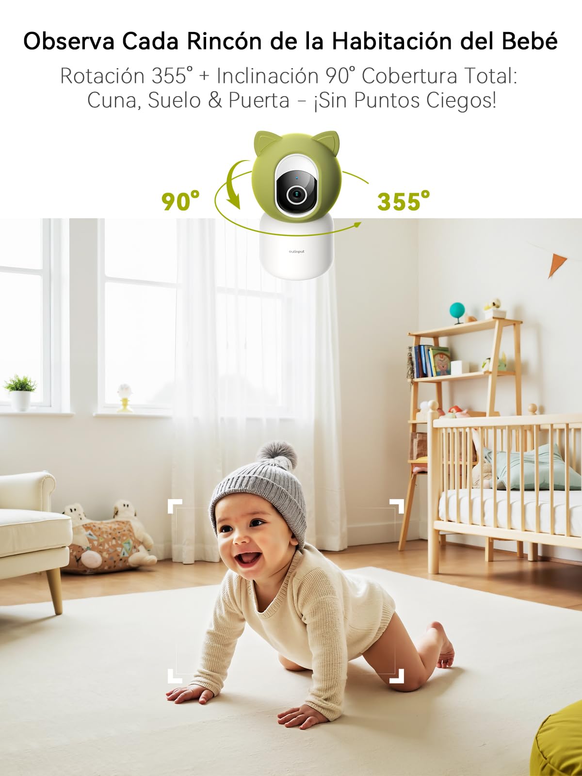 Outinput 2K 4MP Camara Vigilancia Bebe WiFi Interior, 355° Vigilabebes con Camara, App Remoto, Seguimiento Detección Automático, Audio de 2 Vías, Visión Nocturna, Alertas de Feed, 6 Canciones de Cuna