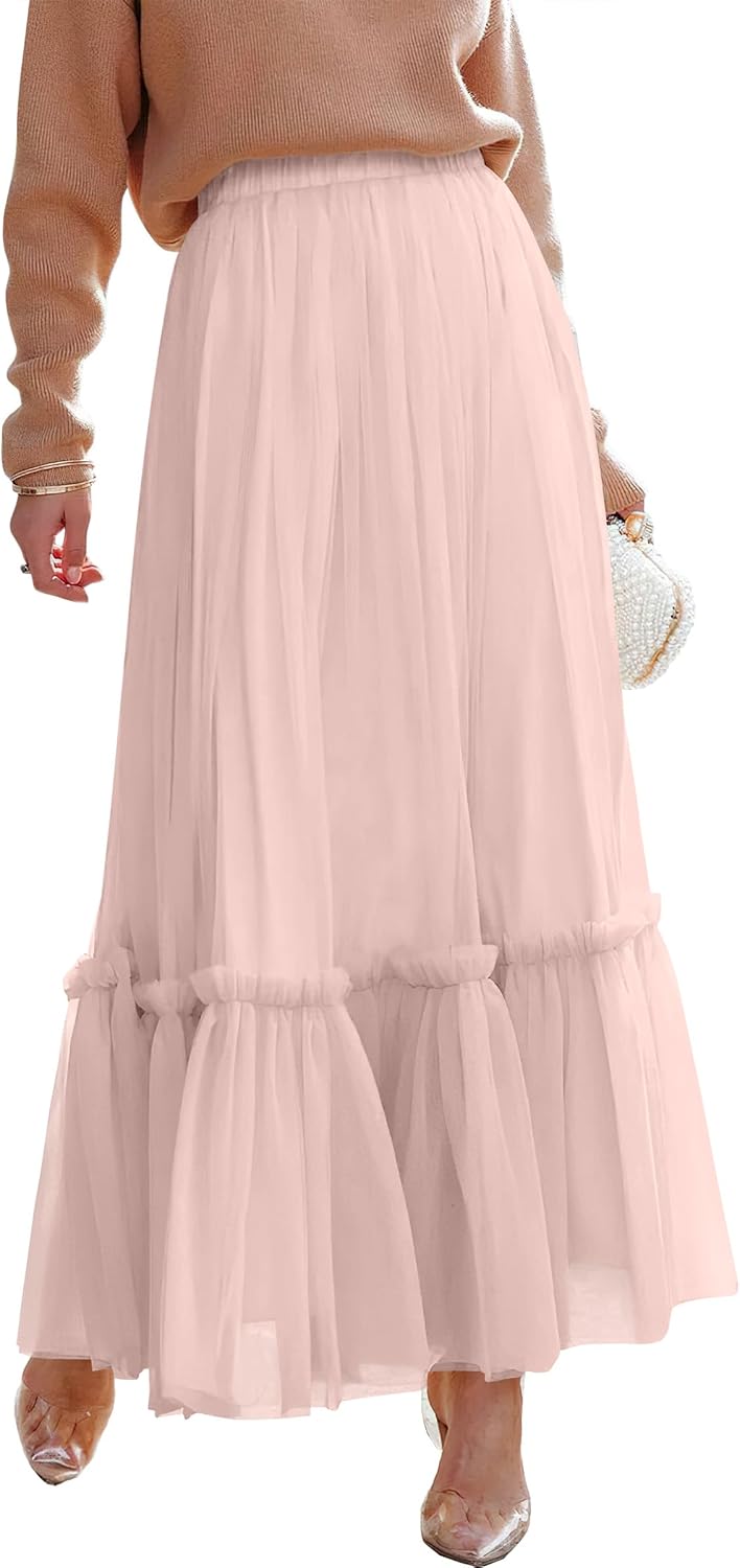 ANRABESS Maxi Skirts for Women Tulle Long Tiered Elastic High Waisted A Line Flowy Dressy Casual Skirt 2025 Fall Trendy