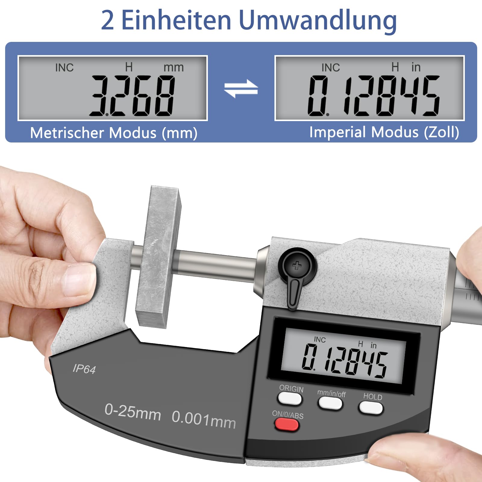 Digitale Bügelmessschraube 0-25 mm, Digital-Mikrometer Auflösung 0,001 mm, Zoll/mm-Umschaltung, Präzision 0,003 mm Genauigkeit, Dual-Mode-Mikrometer großes LCD-Display mit Schutzhülle.