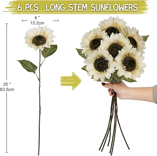 Miniatura 3 de Girasoles artificiales de seda grandes de 26 pulgadas de tallo largo, flores falsas, 6 piezas de girasoles de otoño vintage, ramo a granel para el