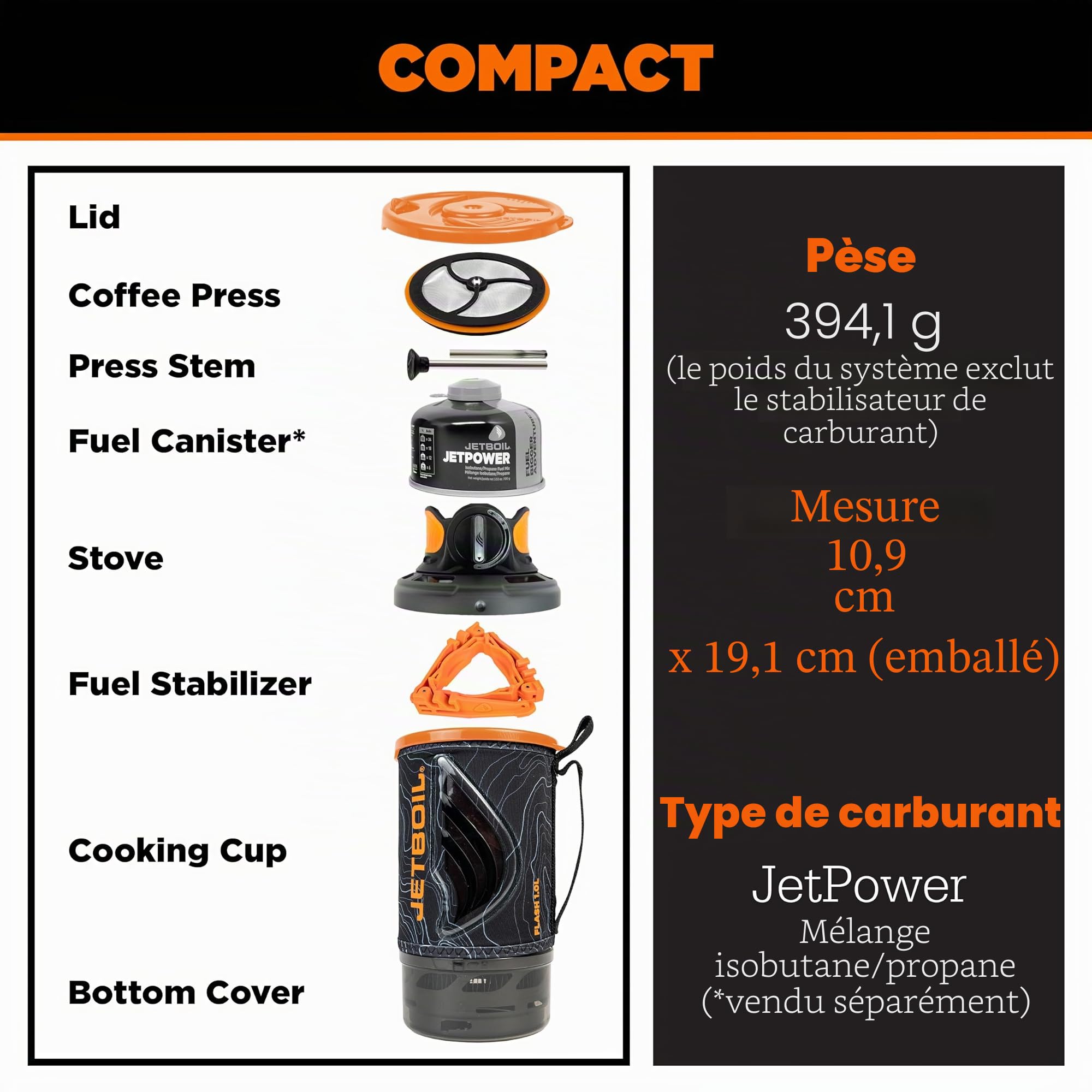 Jetboil Flash Réchaud portable à ébullition rapide avec presse française en silicone et allumage automatique pour camping et randonnée, brûleur au propane/isobutane avec tasse de cuisson, nouveau pour